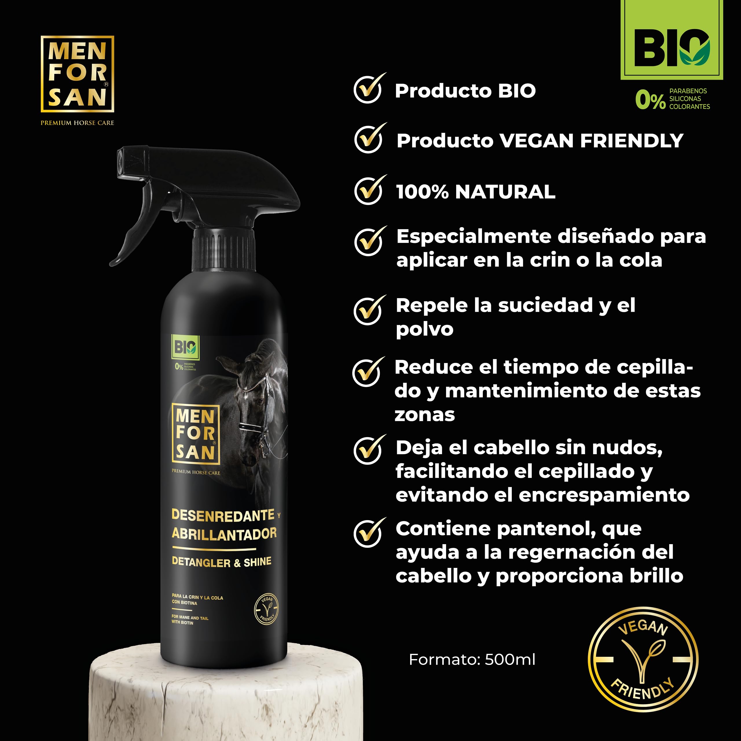 MENFORSAN Desenredante abrillantador para Caballos, 500ml | Desenreda y aporta Brillo | Crin y Cola | Bio - Vegan Friendly - 100% Natural | Premium Horse Care