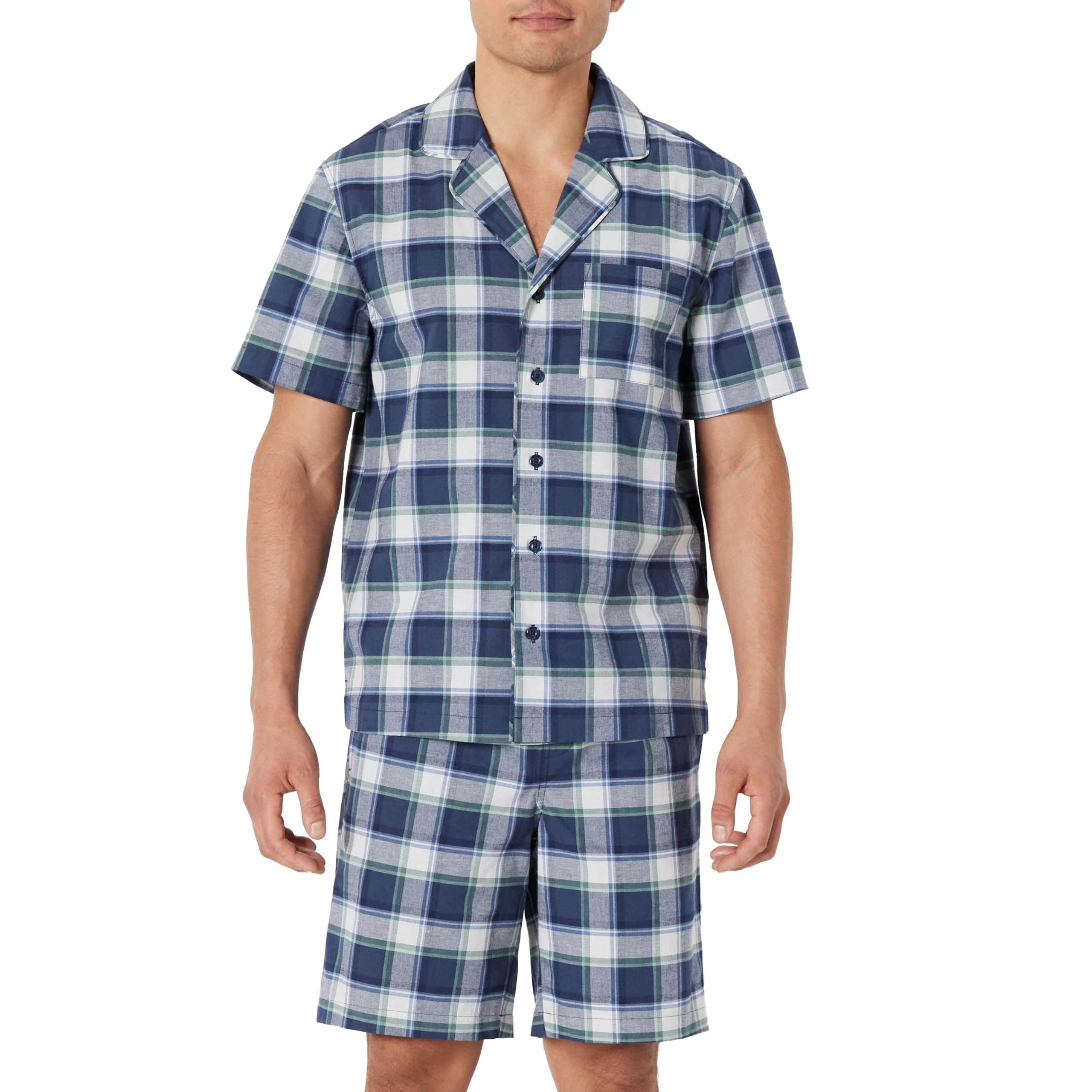 Amazon Essentials Herren Leichtes, Gewebtes Kurzes Loungewear-Pyjama-Set Mit Gekerbtem Kragen Und Knopf