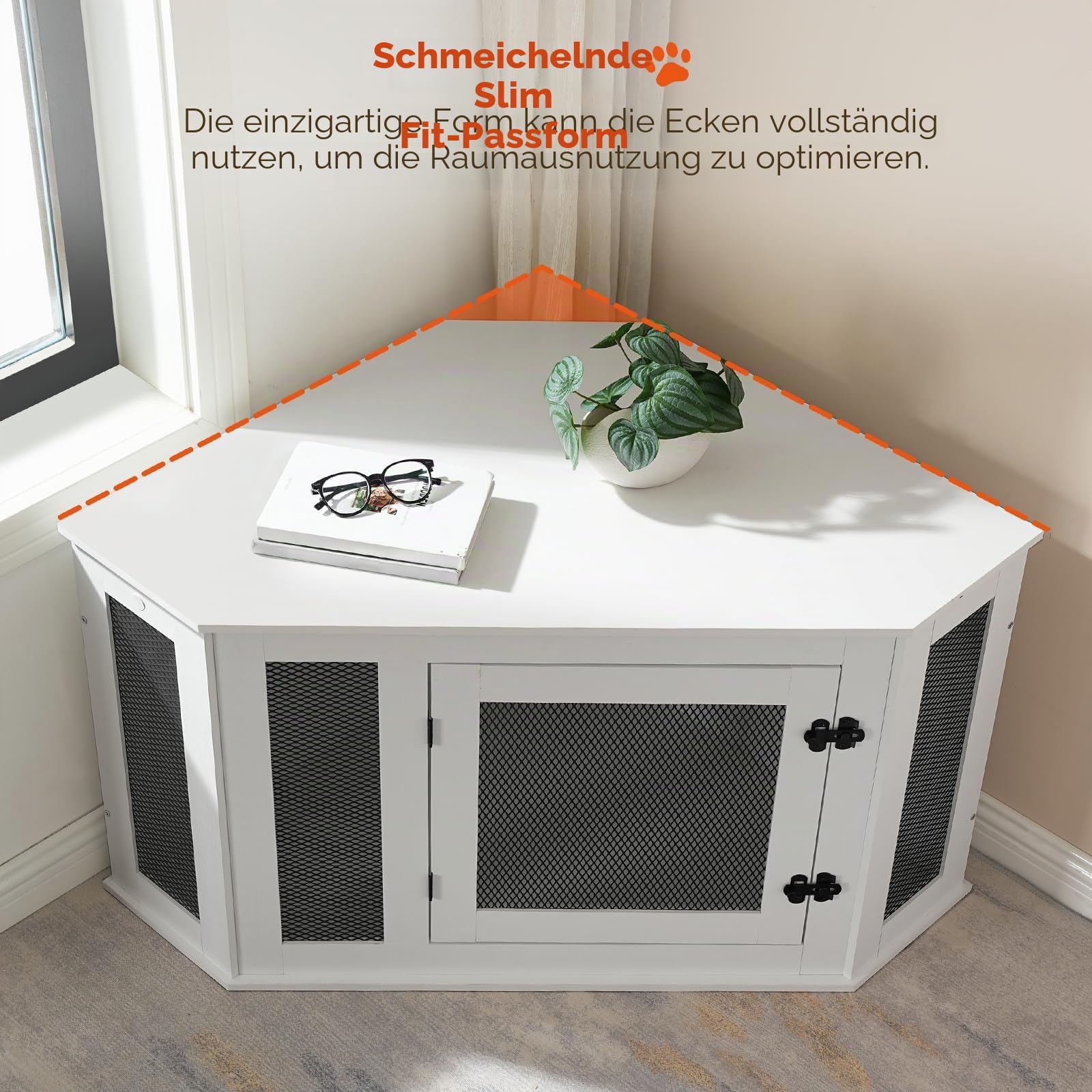 MAHANCRIS Eck Hundekäfig Möbel, Hundebox für Zuhause, im Innenbereich, 113 x 60 x 60 cm, Haustierkäfig für Kleine und Mittelgroße Hunde, Multifunktional, Vintage-Stil, Verwittertes Weiß ADCWT0801