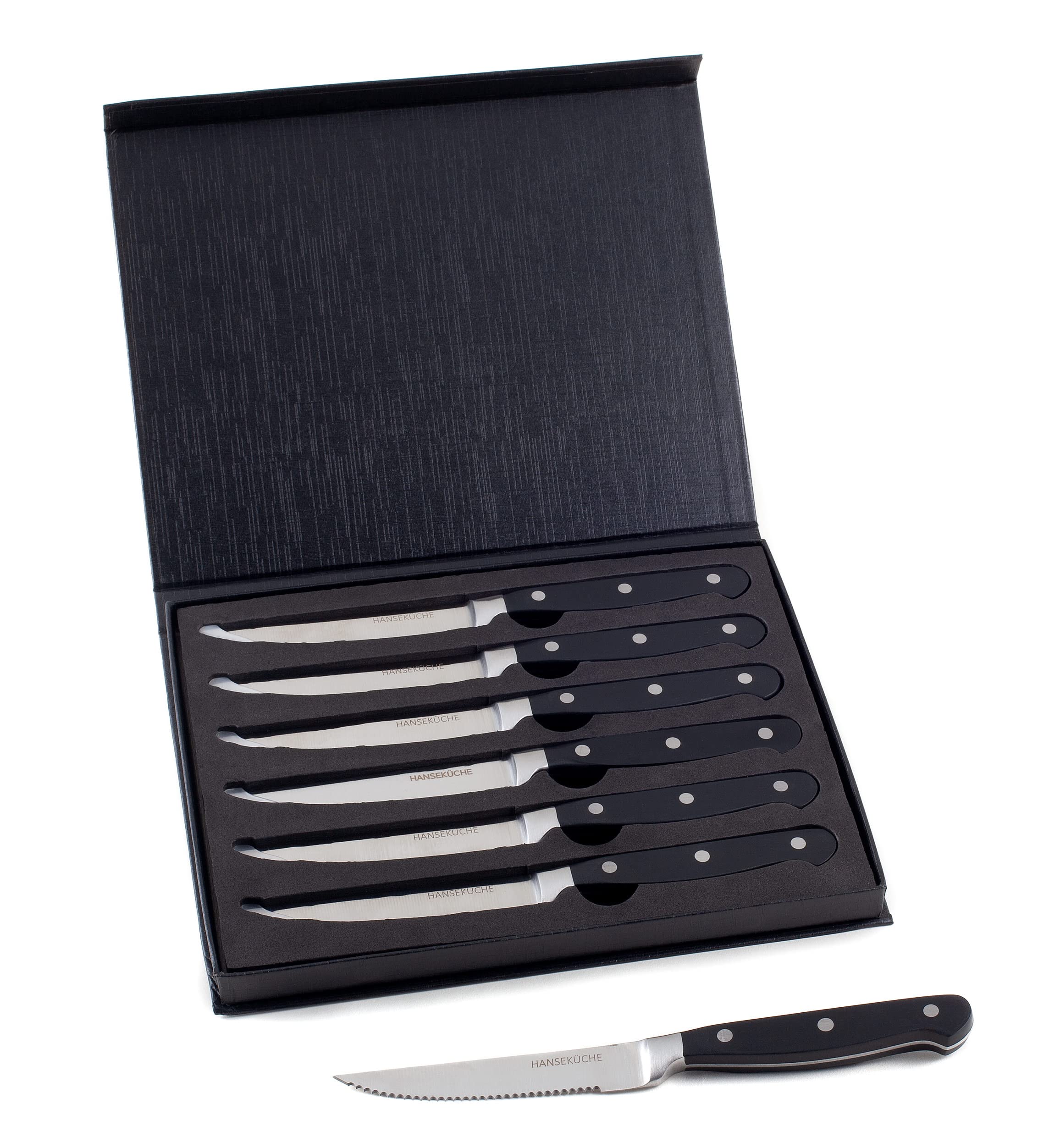 Hanseküche Set di Coltelli da Bistecca – 6x Coltelli da Bistecca di Alta Qualità con Manico in Legno – Elegante Set di Posate in Acciaio Speciale Inossidabile con Lama Seghettata e Confezione Regalo