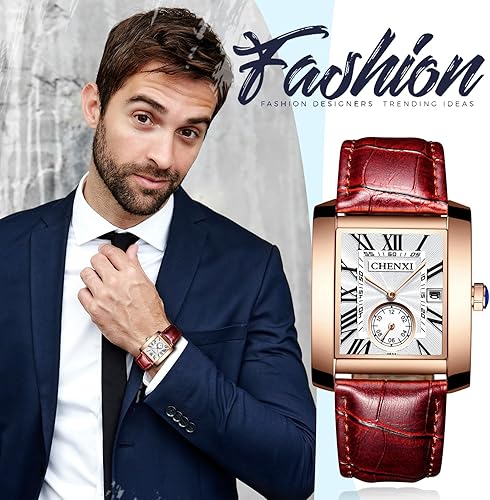 Miniatura 6 de Reloj cuadrado de cuero sin mangas hombres negro rectangular cara impermeable vintage 1950s relojes analógicos clásico número romano calendario