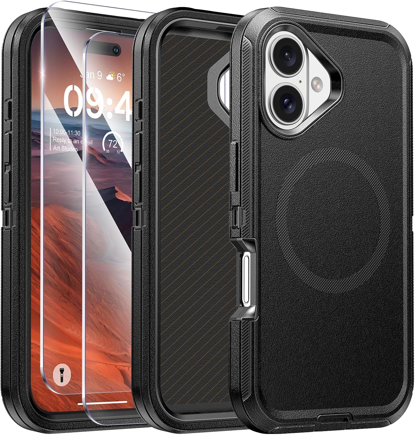 compatible with iphone 16 case with screen protector, shockproof, compatible with magsafe, 3-layer drop protection, heavy duty magnetic phone case cover, 6.1", black/black iphone 16 6.1" black/black