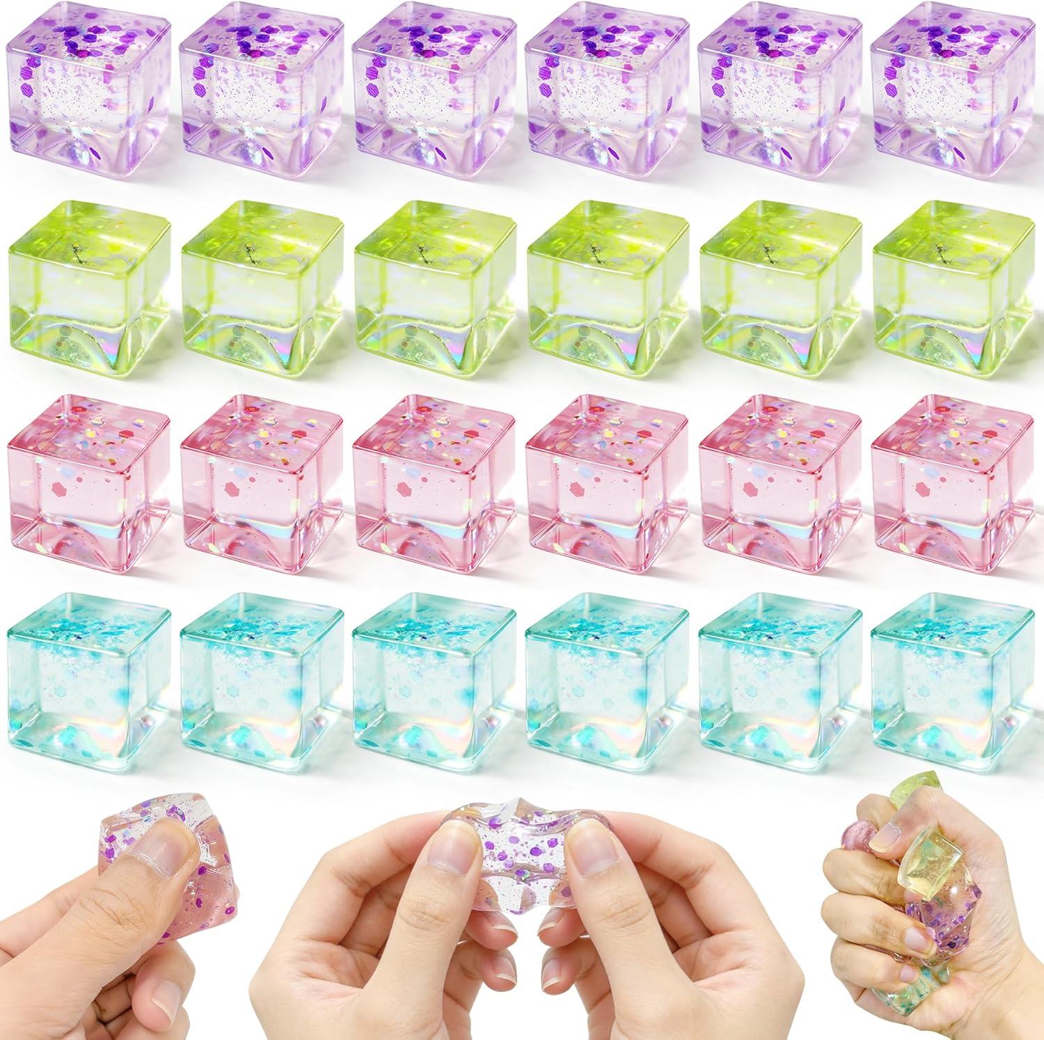 24Pcs Stress Balls Sparkle Fidget Toys, Ice Cube Squeeze Toys - Square Squeeze Ball Sensory Toys, Squeeze Toys - Small Stress Balls for Adults, Easter, Party Favors, Easter Basket Stuffers