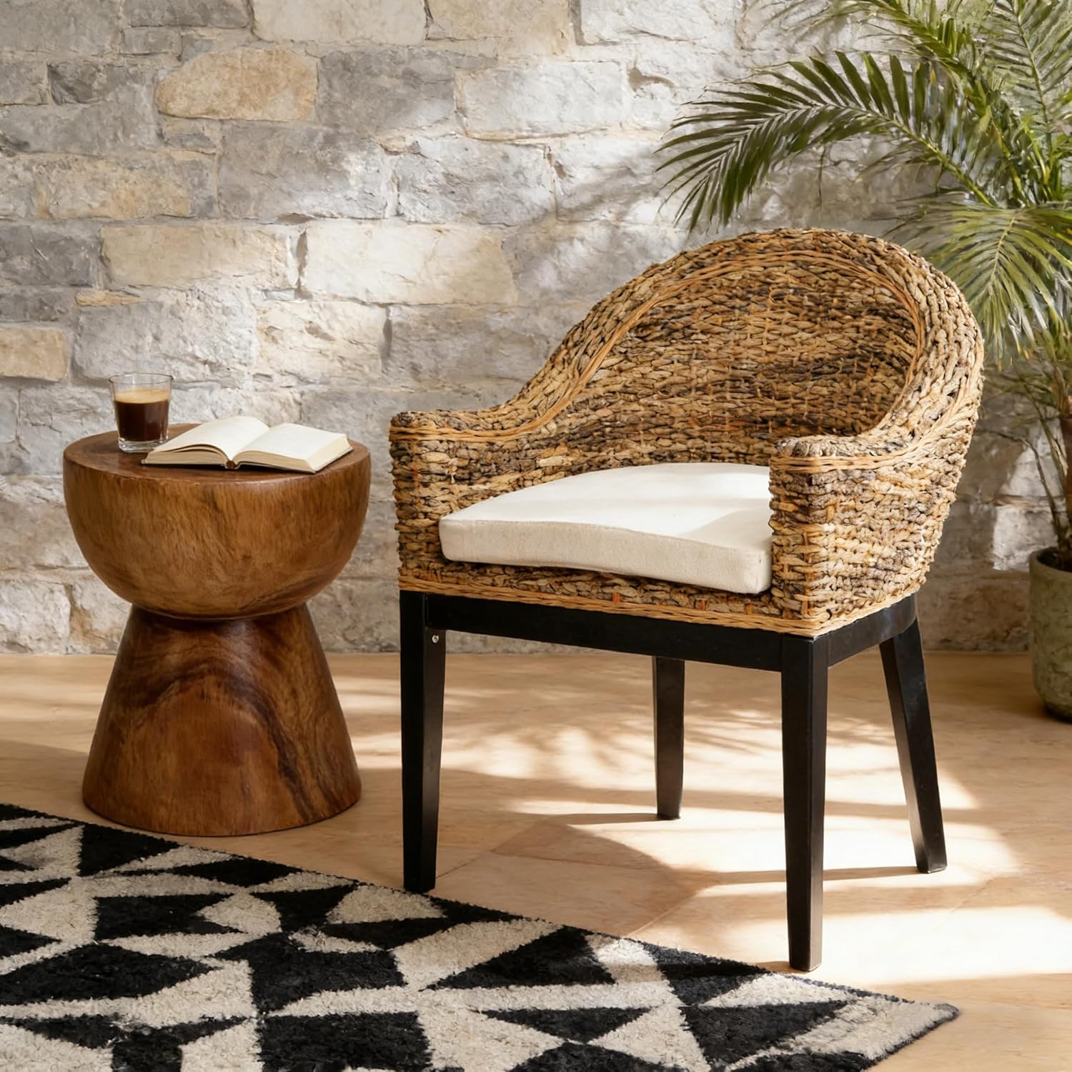 DUHOME Rattan Accent Chair - Modern Armchair with Natural Rattan Armrest, Black Solid Wood Legs & Inset Beige Cushion, Leisure Chair for Balcony Living Room