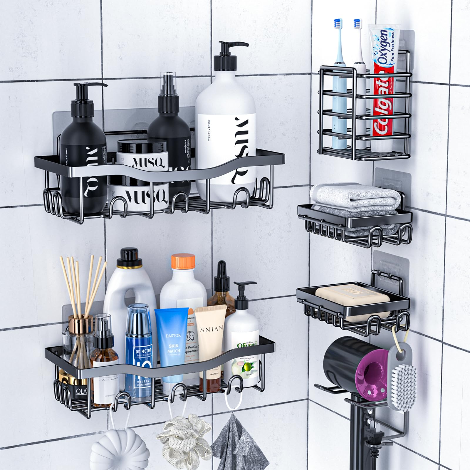 PKPD Rustproof Stainless Steel Shower Caddy 6 Pack, Bathroom Storage Accessory Shelf Organiser No Drilling Hanging, Soap Toothbrush Holder Hair Dryer Shelf Set, Kitchen Wall Mounted Corner Decor,Black