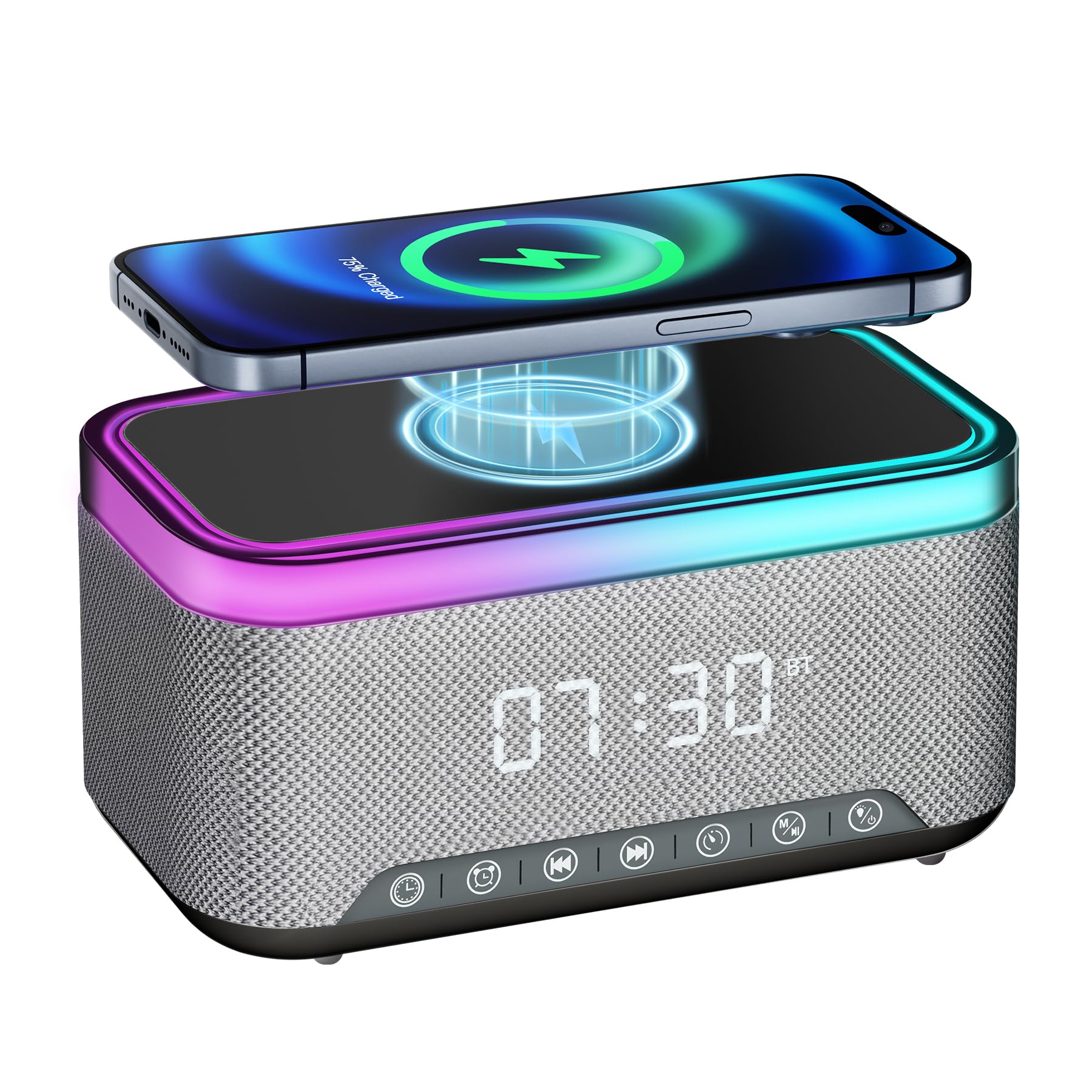Alarm Clock Wireless Charger Bluetooth Speaker FM Radio, White Noise Sound Machine with Light for Sleeping for Bedrooms, Digital Clock with USB AUX Port for Heavy Sleepers Child, Black