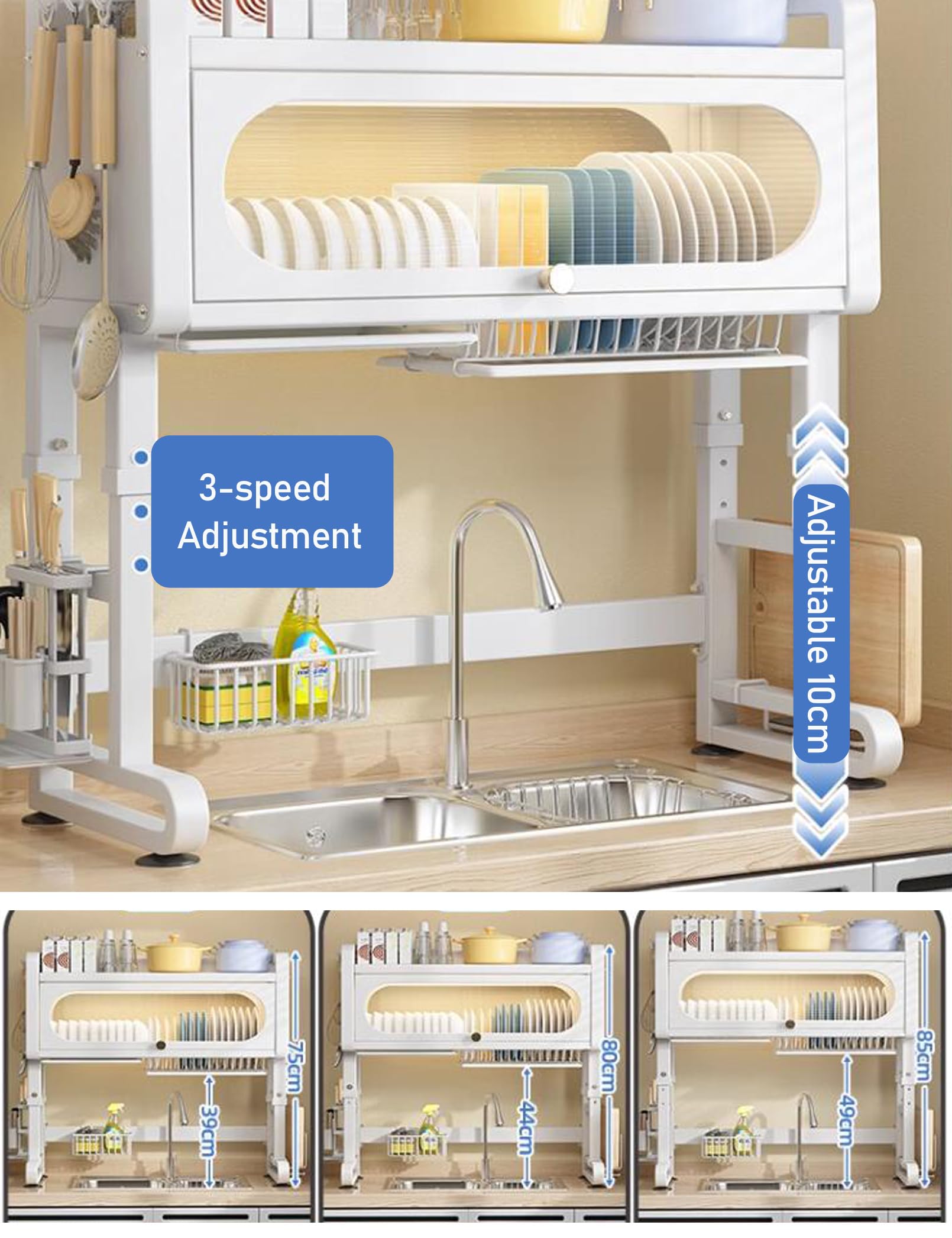 Escurridor de platos ajustable de 3 niveles con panel de drenaje, encimera de cocina con ganchos para sils y soporte de cuchillos, color blanco, ideal para almacenamiento en gabinetes