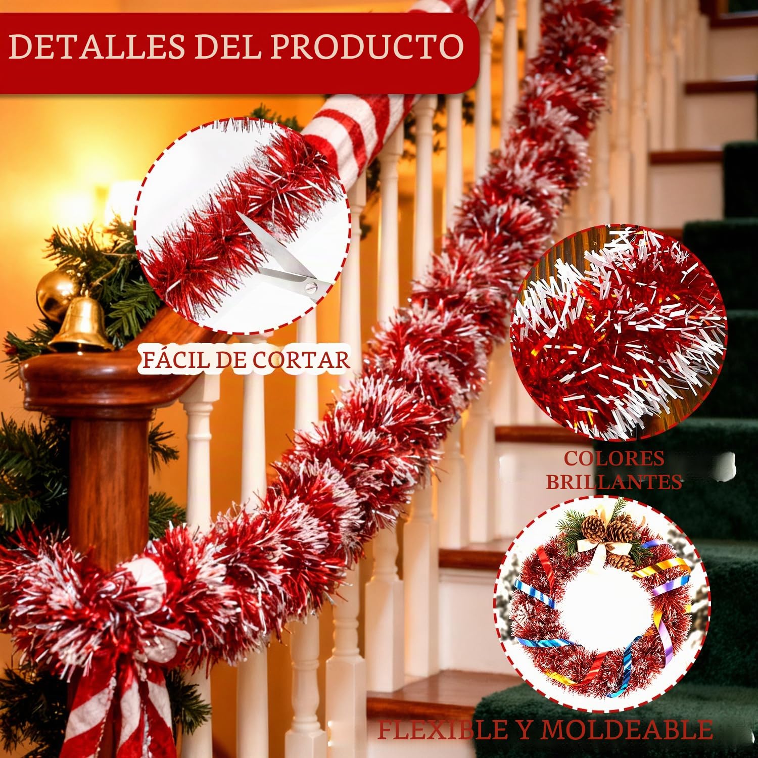20m Espumillon Arbol Navidad Guirnalda - Rojo Guirnaldas Natal Navideñas Christmas Garland, Espumillón Navidad Decoracion Adornos para Exterior Hogar Puerta Escaleras Balcon