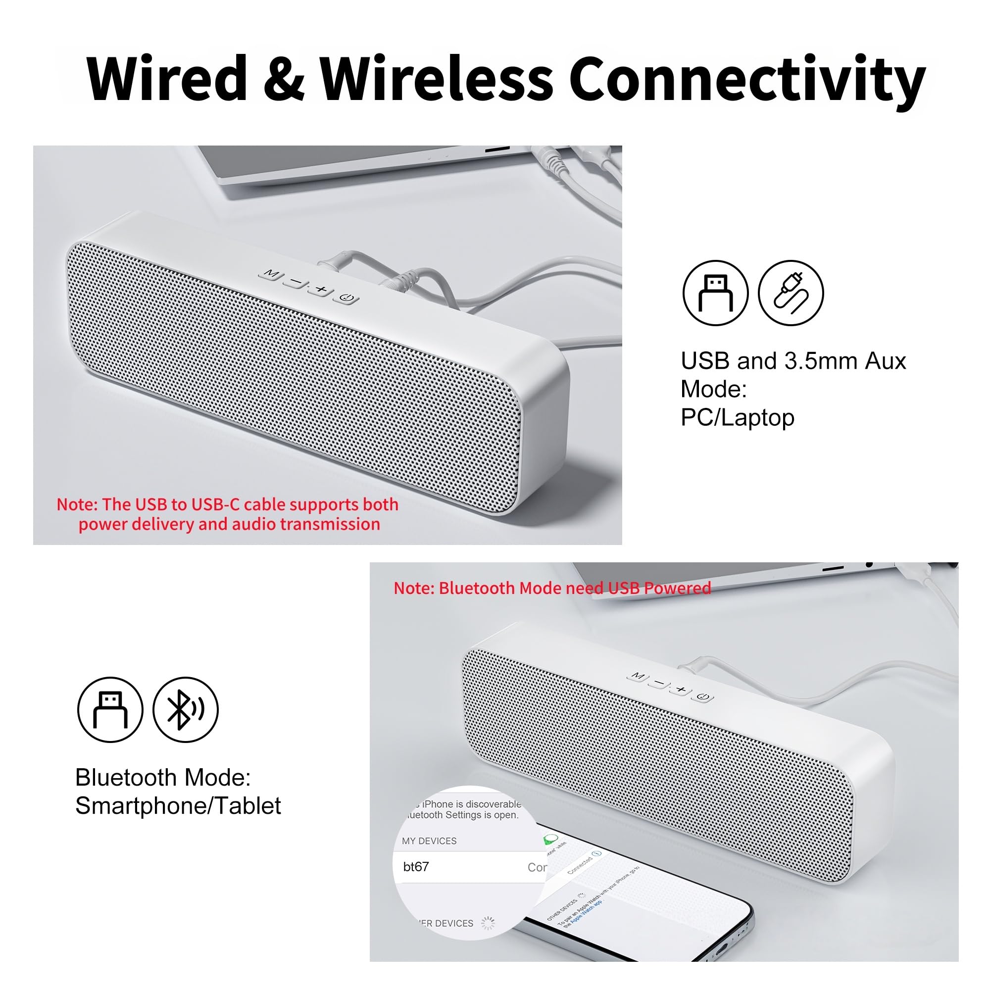 Haut-parleurs d'ordinateur pour PC de bureau, alimentés par USB et Plug and Play, avec entrée auxiliaire Bluetooth 5.3/3,5 mm, petite barre de son pour ordinateur portable avec stéréo