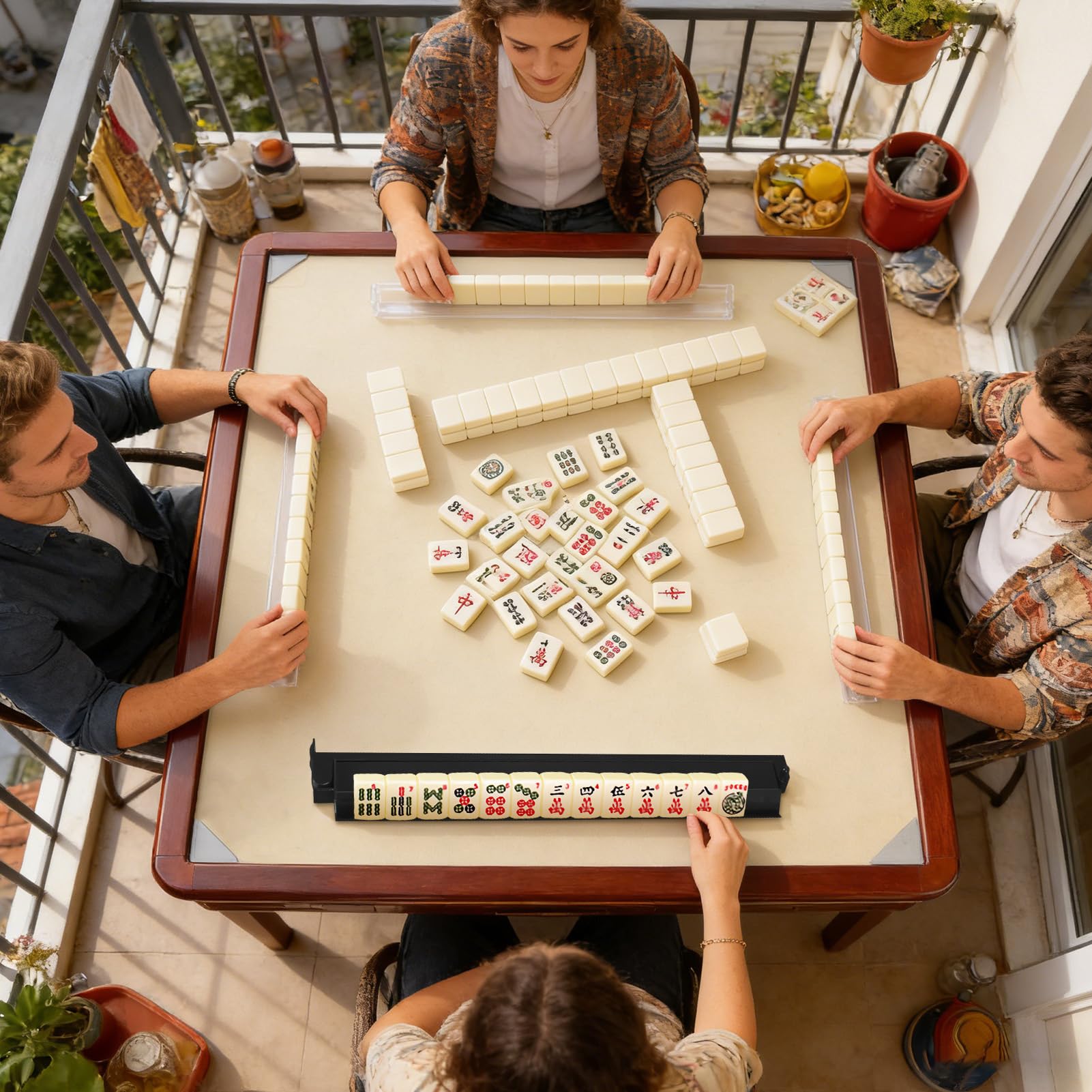 Mahjong Rack and Pusher - 4 Piece Dominoes Game Stands, Majiang Tile Holder Set, Durable Tabletop Organizer For Board Game Players | Smooth Tile Sliding Accessory For Family Gathering Club Night