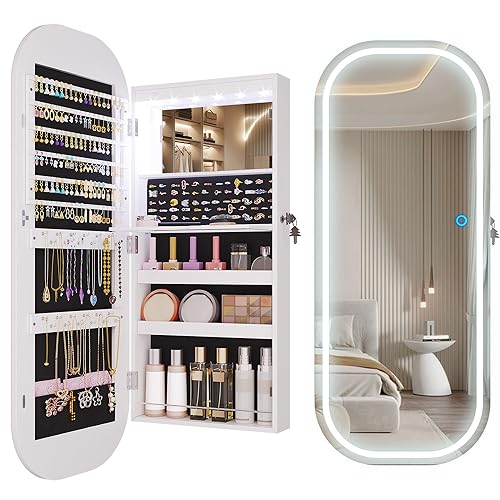 LVSOMT LED Mirror Jewelry Cabinet, Wall Mount/Over the Door Jewelry Armoire Organizer, Rounded Mirror with Storage, Foldable Shelf, Lockable Jewelry Cabinet, 16" Wide, Interior Mirror, White - LED-White