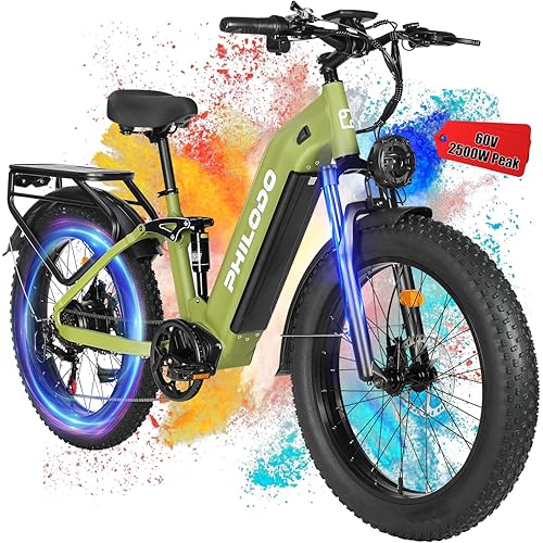 PHILODO Peak 5000W/2500W-Electric-Bike for Adults, Single/Dual-Motor-Ebike 45MPH-Hunting-Ebike, 60V 32AH Long Range Dirtbike, 26"/24" Fat-Tire-Electric-Bicycle, Full Suspension for Off-Road Snow Sand