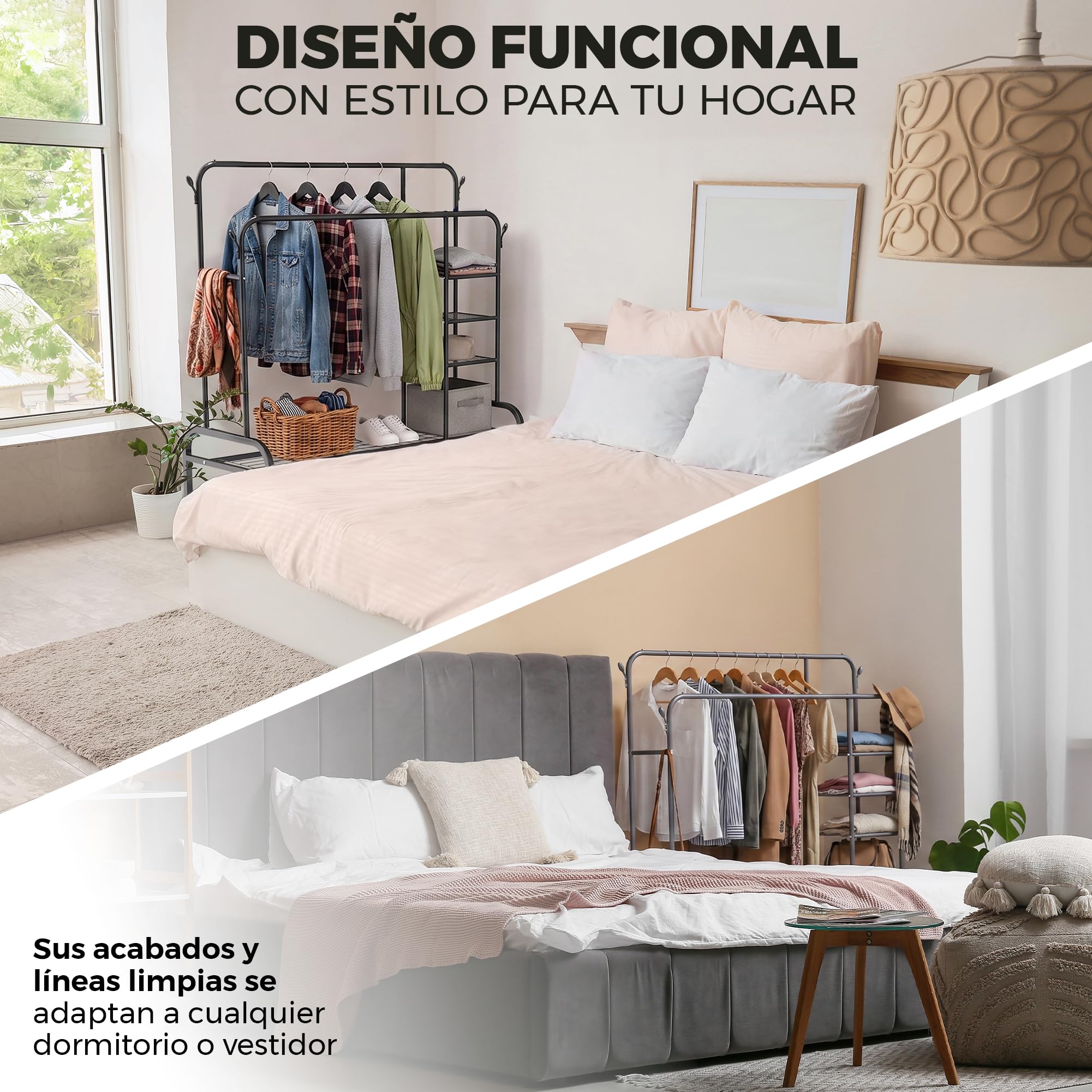 Burro de Ropa Resistente 150 cm con Doble Barra y Zapatero - Perchero de Pie con Ruedas 360 Armario Abierto Multifunción para Vestidor y Dormitorio Antideformación - Acero Negro