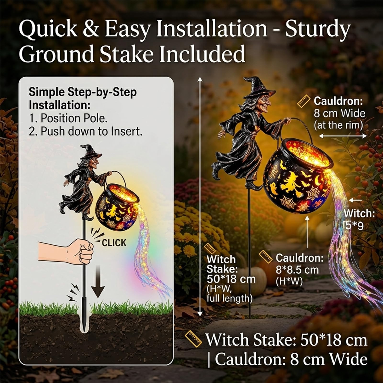 Halloween Hexenkessel Gartenlicht mit Hexe und Wasserfall Lichterkette (1pcs)