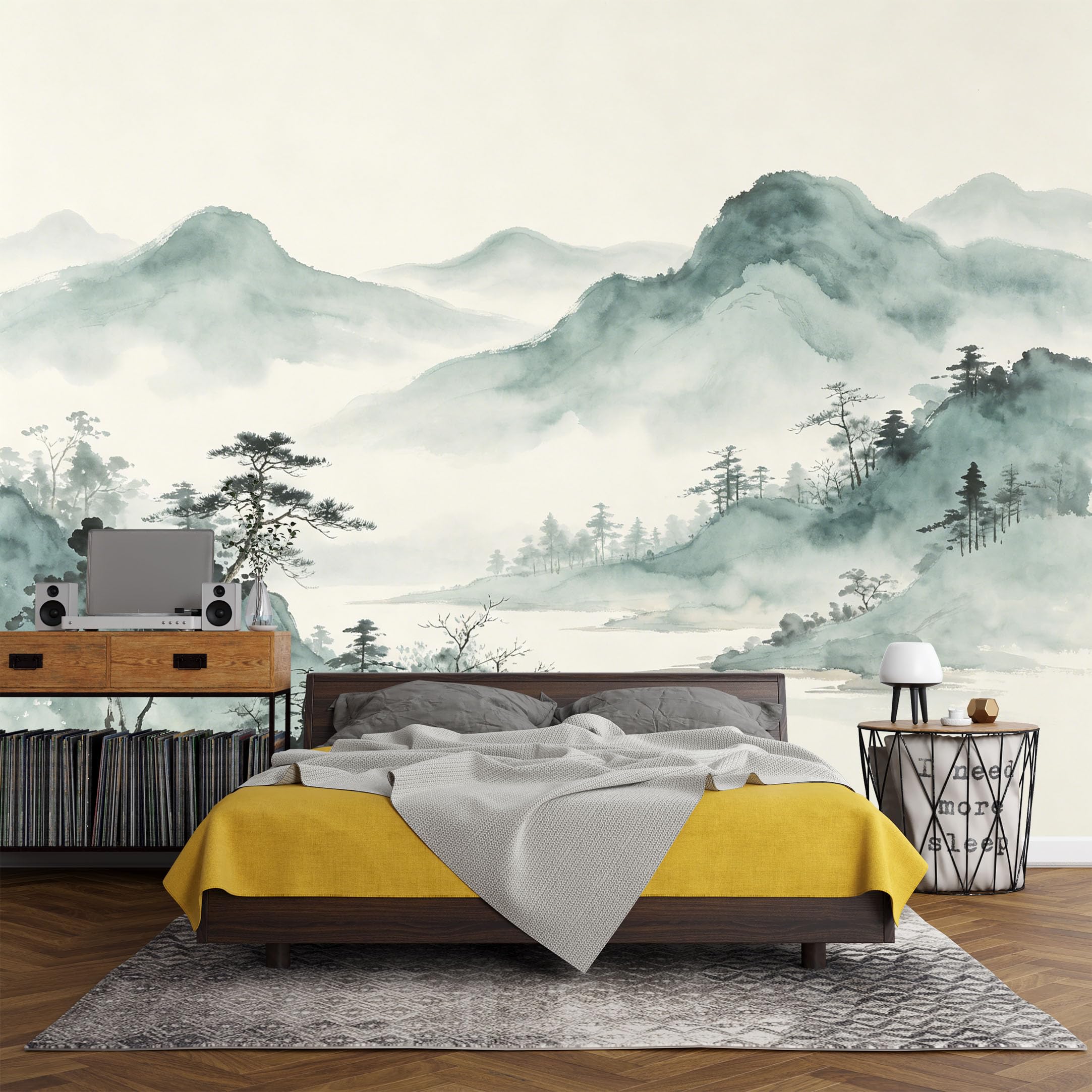 Custom Size Wall Mural， Landscape Ink Wash Mountain Lake Forest Mist Watercolor Art，SelfAdhesive Art Prints wall Fabric (No PVC) Removable Wallpaper Living Room Decor