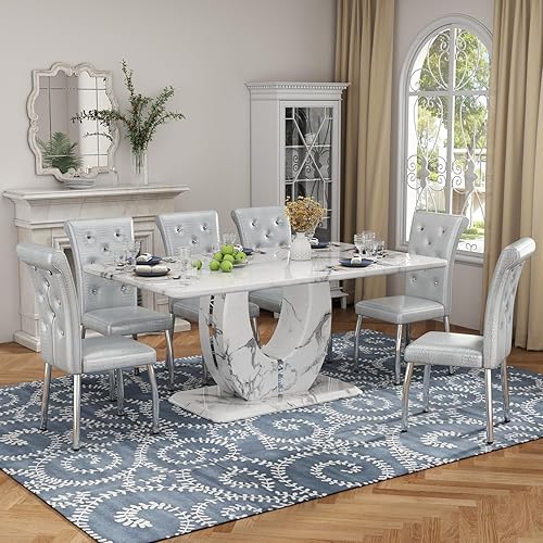 Miniatura 22 de JUFU Juego de mesa de comedor de mármol para 6 personas con mesa de mármol sintético de 63 pulgadas y pedestal en forma de U, mesa de comedor 6
