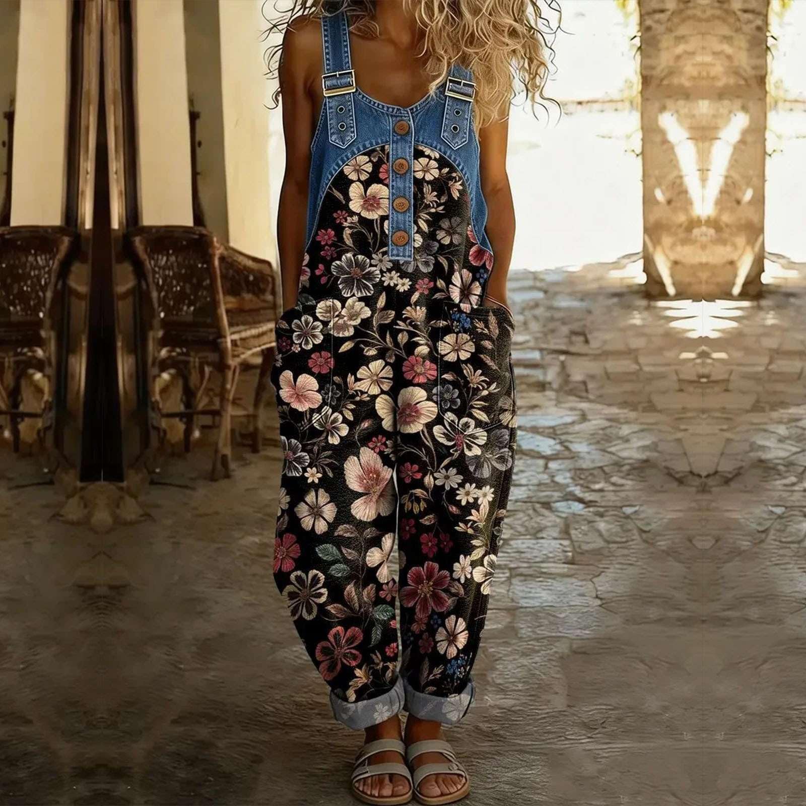 Denim Jumpsuit Damen Sommer Frauen Overall Vintage Boho Tasche Latzhose