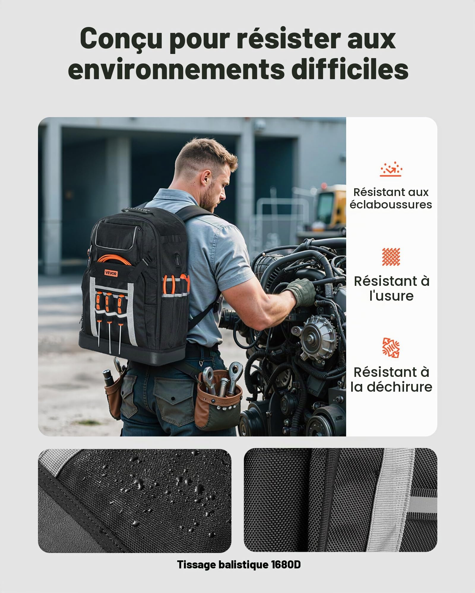 VEVOR Sac à Dos à Outils, Charge 45,3 kg, Sac à Outils, 38x23x54,6 cm, avec 56 Poches, Compartiment Ordinateur Portable, Base, Organisateur à Outil Robuste pour Chantier, Électricien, Réparateur CVC