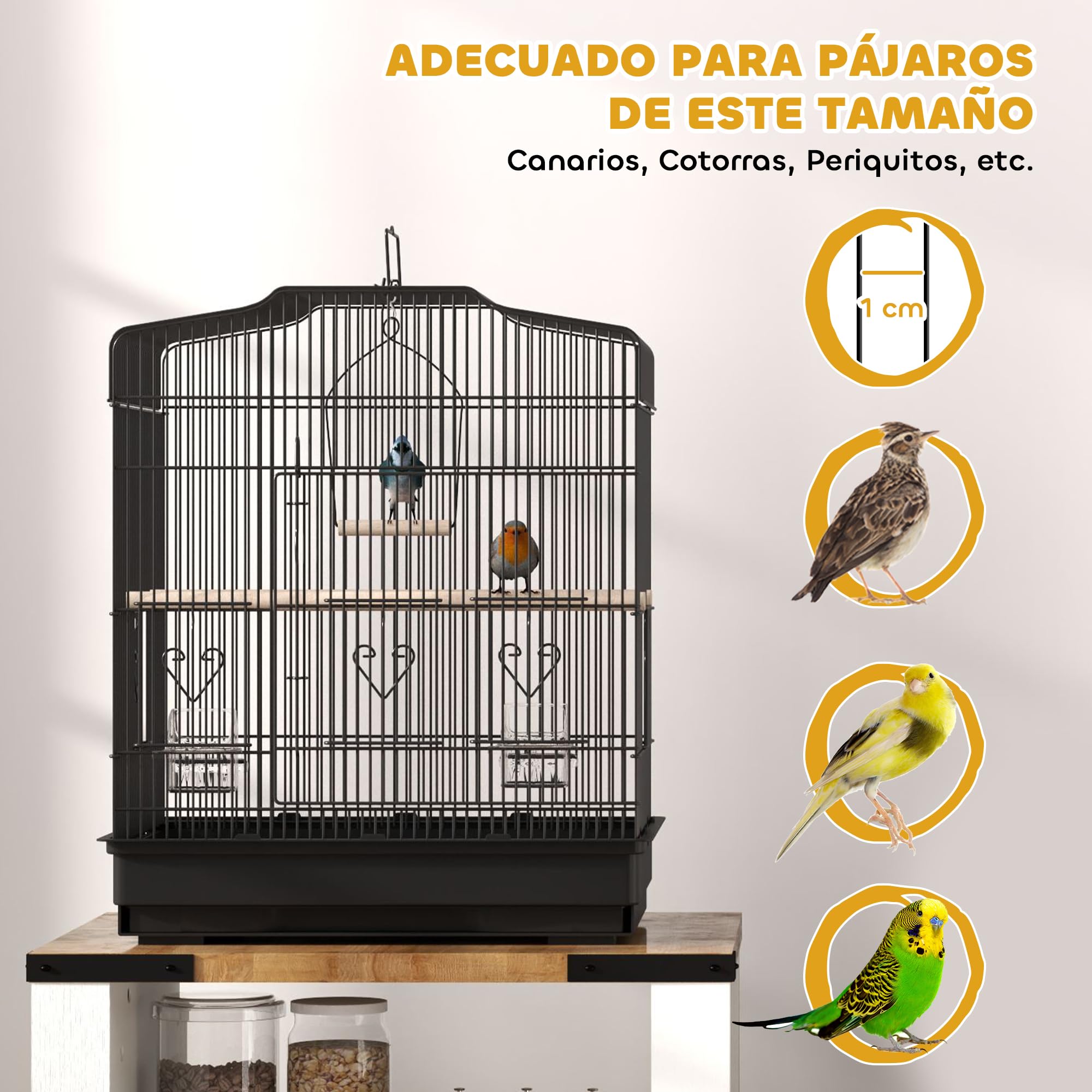 PawHut Jaula para Pájaros, Jaula de Acero para Pájaros con Puertas, 2 Comederos, 2 Perchas, Columpio, Bandeja Extraíble y Asa de Transporte, para Loro, Canario, Periquito, 46,5x36x59 cm, Negro