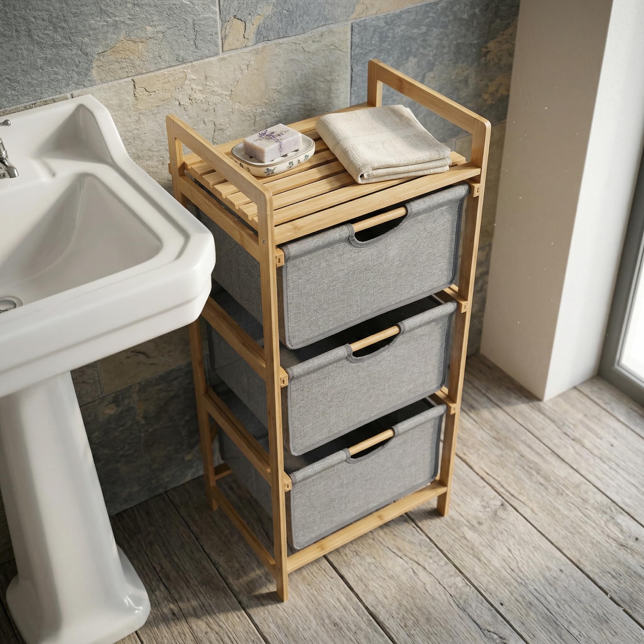 Deconox Doğal Bambu 3 Katlı Organizer Raf 43x33x98 cm - Çok Amaçlı Banyo Mutfak ve Balkon Düzenleyici