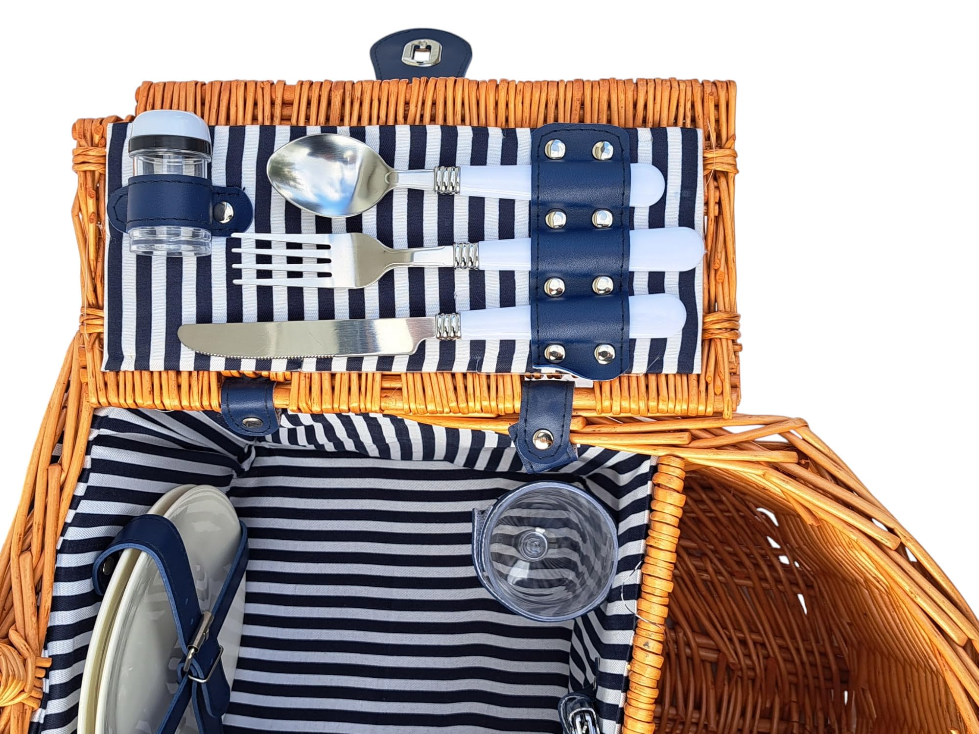 Picknickkorb für 2 Personen mit Picknickdecke, Besteck, Tellern, Weingläsern, Salz & Pfeffer, Korkenzieher und Flaschenfach – maritimes Design