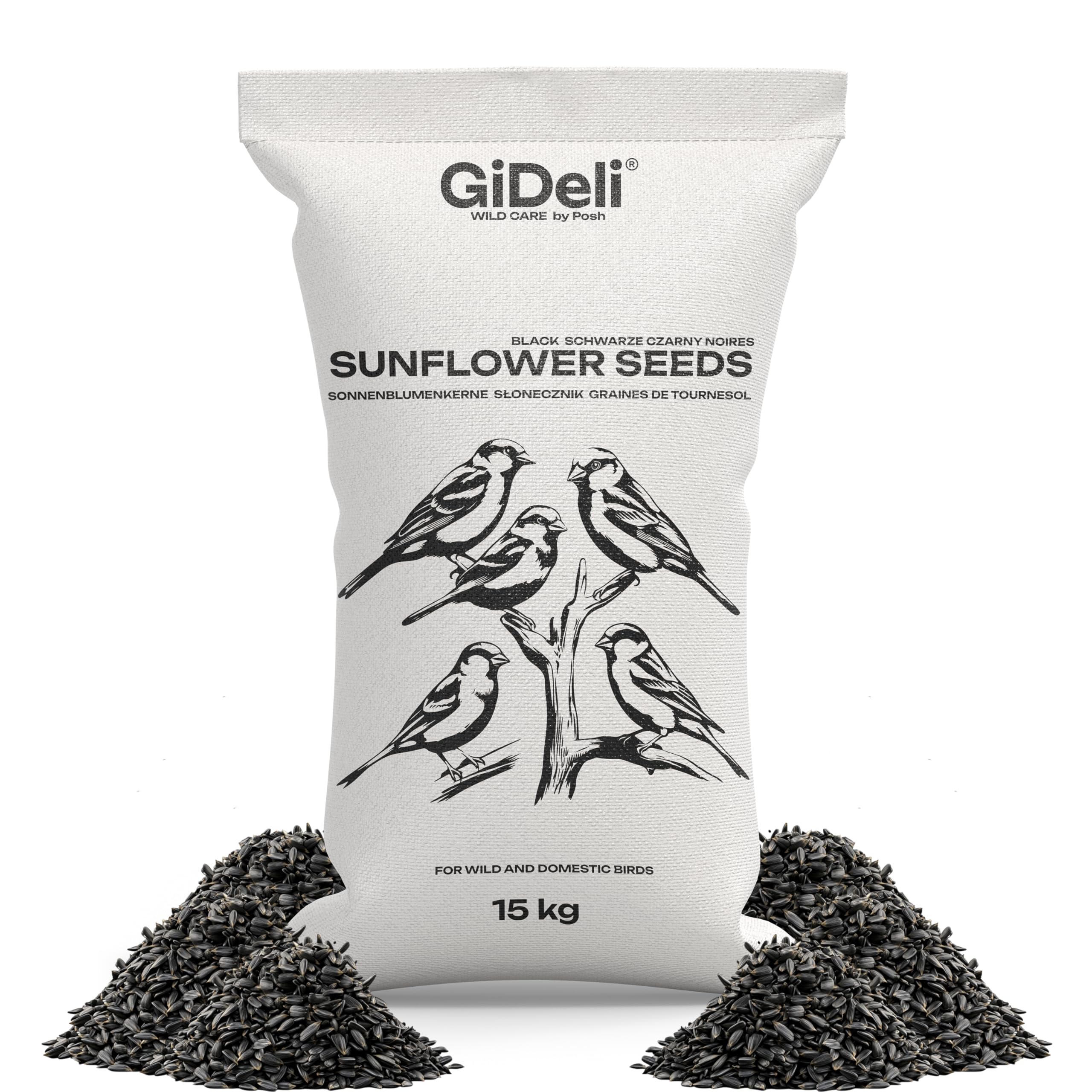 GiDeli Semi di girasole, nero, 15 kg, mangime per uccelli selvatici, per tutto l'anno, mangime per cavalli e piccoli animali