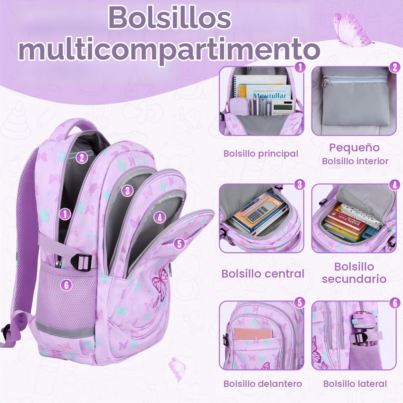 decalsweet Mochila Escolar, Grande Mochila Colegio Adolescente Mariposa