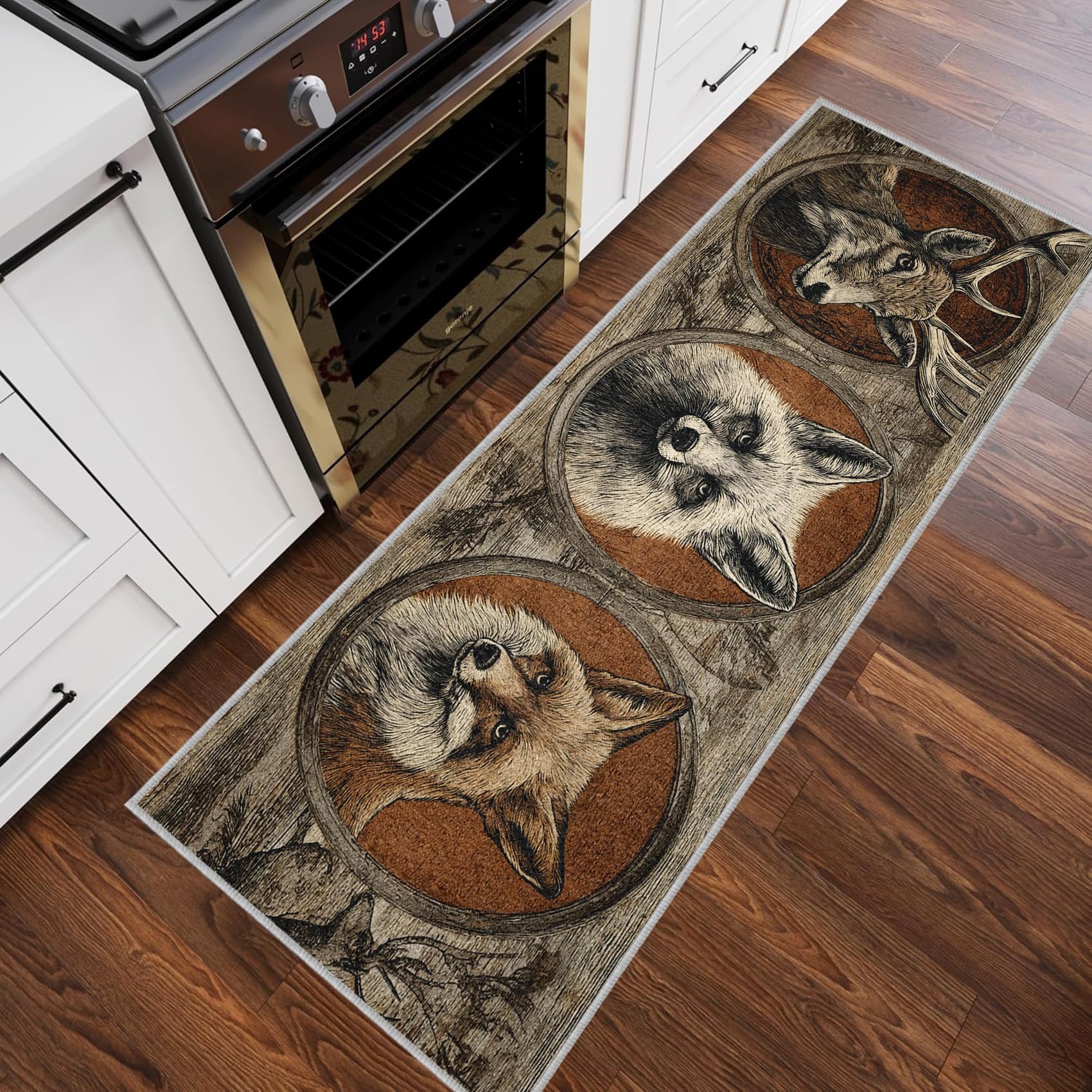Generisch Fuchs Hirsch Teppich Läufer Flur 60x180, Waschbar rutschfest Rustikaler Hütte Muster Teppichläufer, Weich Kurzflor Lang Flurläufer für Wohnzimmer Schlafzimmer Bettvorleger Küchen YD801