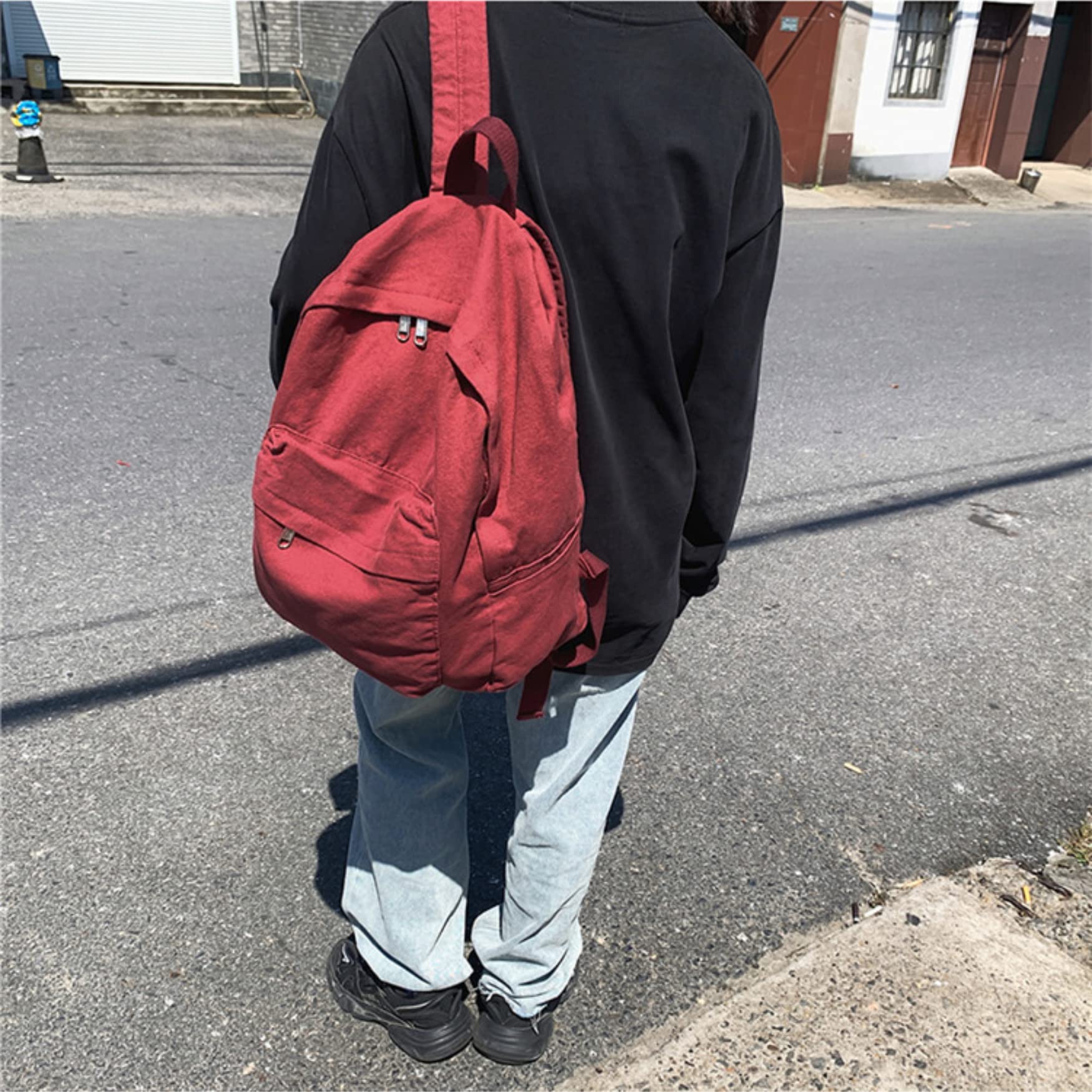 RRRWEI vintage canvas backpack for women men travel backpack solid color simple backpack laptop backpack rucksack (red)