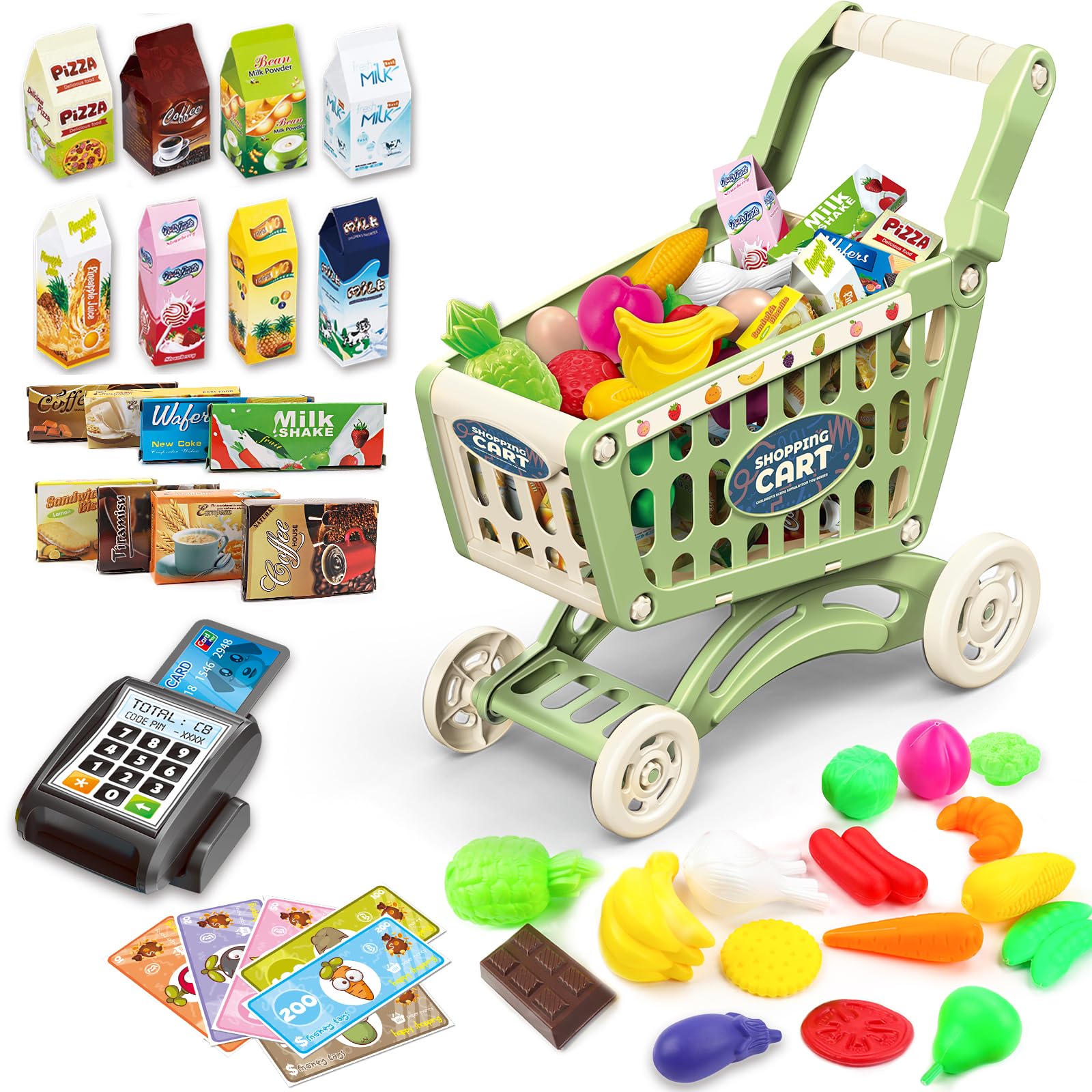 deAO Kids Shopping Cart Trolley Toys, 65 PCS Supermarket Playset Cart with Food Fruit Vegetables, POS Machine and Shopping Cards, Pretend Shop Role Play Educational Toys for Boys and Girls (Green) โ image 1