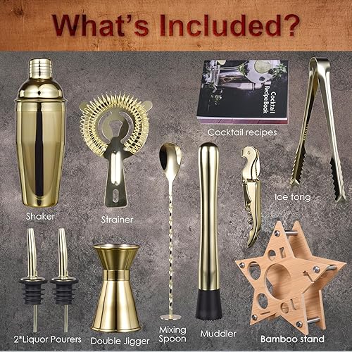 Miniatura 3 de Kit de camarero de 10 piezas con soporte de bambú, juego de coctelera de 25 onzas para bebidas mixtas, juego de herramientas de barra de acero