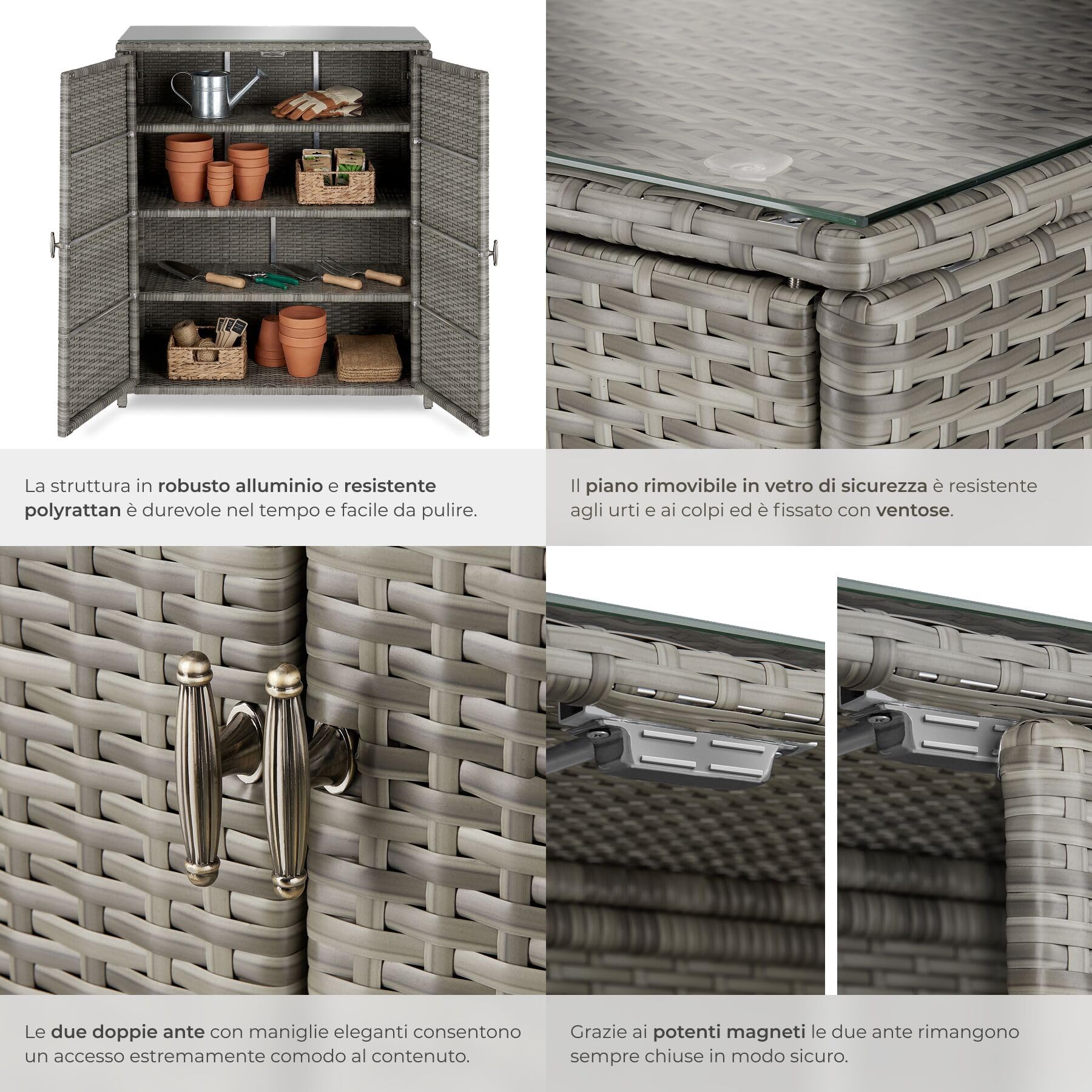 Tectake Armadio da Giardino in Rattan 84x40x103 cm 4 Scomparti Grigio