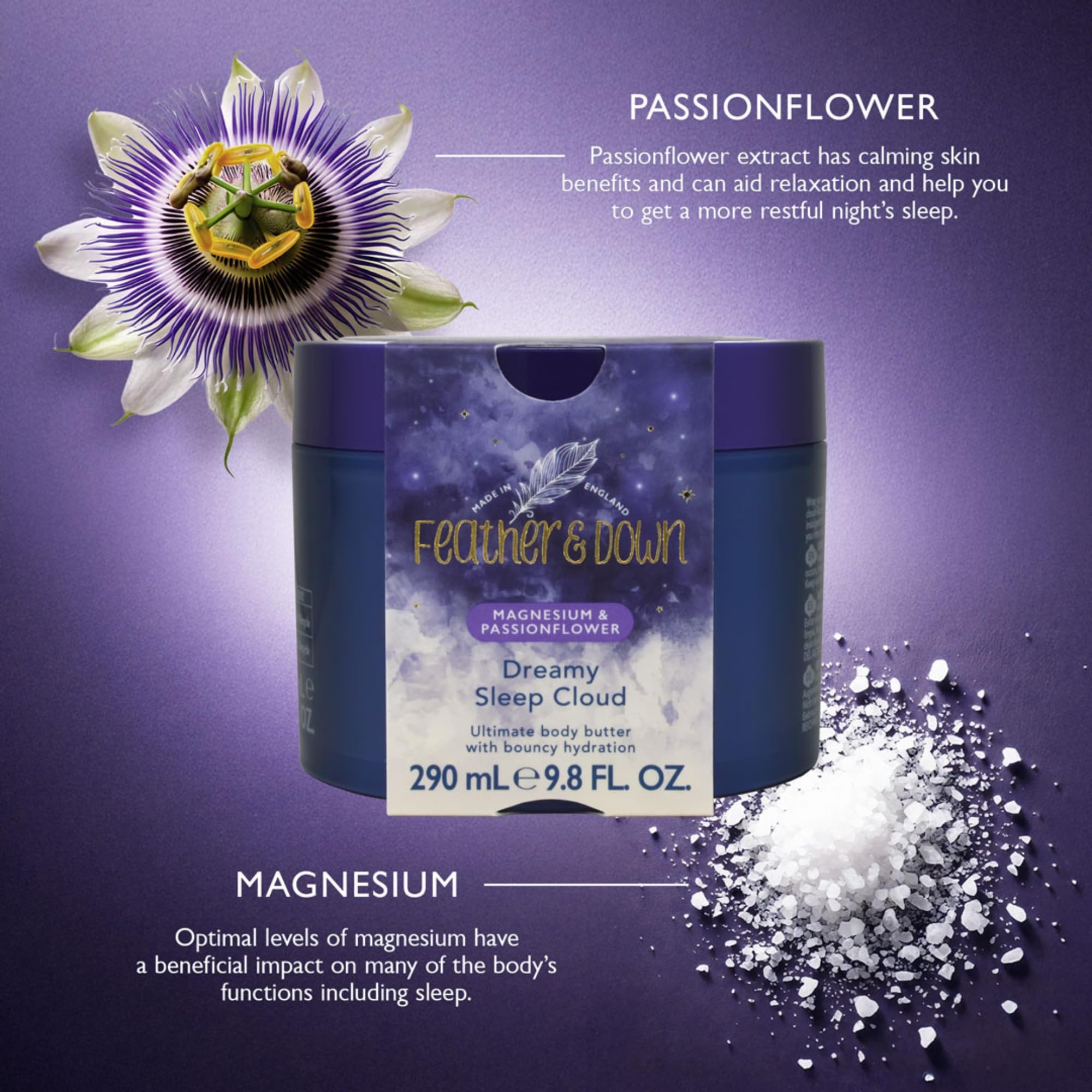 Feather & Down Magnesium and Passionflower Dreamy Sleep Cloud (290ml) - Whipped Body Butter Infused with Magnesium and Passionflower Extract, Calms for Anxiety & Stress, Relaxation Aromatherapy - 3