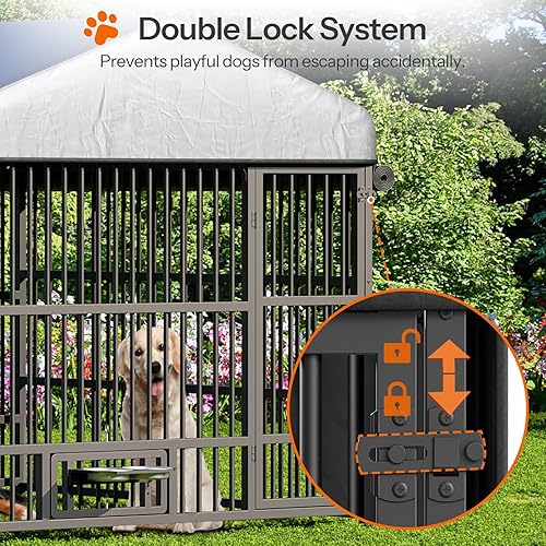 Miniatura 6 de HOOBRO Perrera para perros al aire libre con tapa, 6.6 x 6.6 x 6.4 pies, con techo impermeable y cuencos giratorios para alimentación, caja de jaula