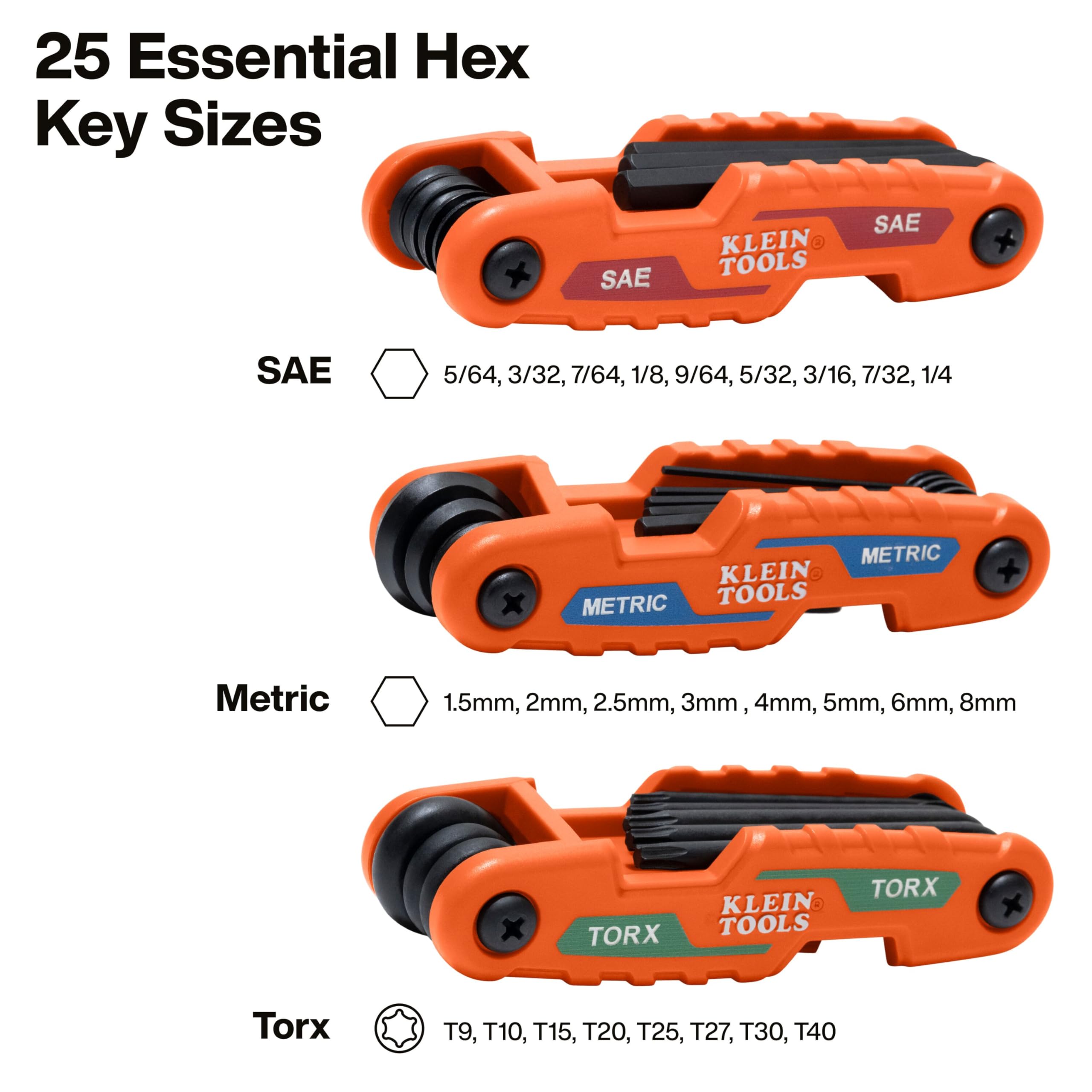 Klein Tools 70543 - Set di 3 chiavi esagonali compatte, pieghevoli, metriche, SAE, misure Torx, 25 chiavi, acciaio legato trattato termicamente