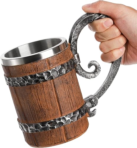 Miniatura 5 de Yopay Taza de cerveza de barril de madera, vaso de cerveza vintage de acero inoxidable de doble pared, hecho a mano, vaso medieval de madera con