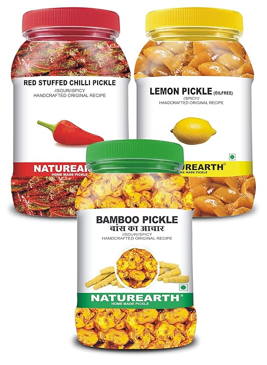 100% Natural Bamboo Pickle , Lemon(Oil Free) & Red Stuffed Chilli Pickle(600 g) Primium Quality Achar