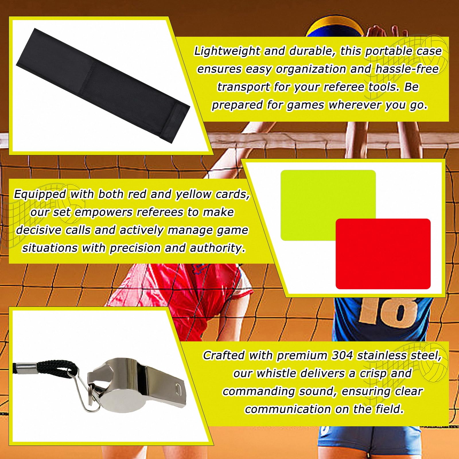 SAWHOX Volleyball Referee Flags Set with Storage Bag, 4PCS Referee Toolkit Includes Volleyball Flags, Storage Bag, 304 Stainless Steel Whistle, Red and Yellow Cards - Image 3