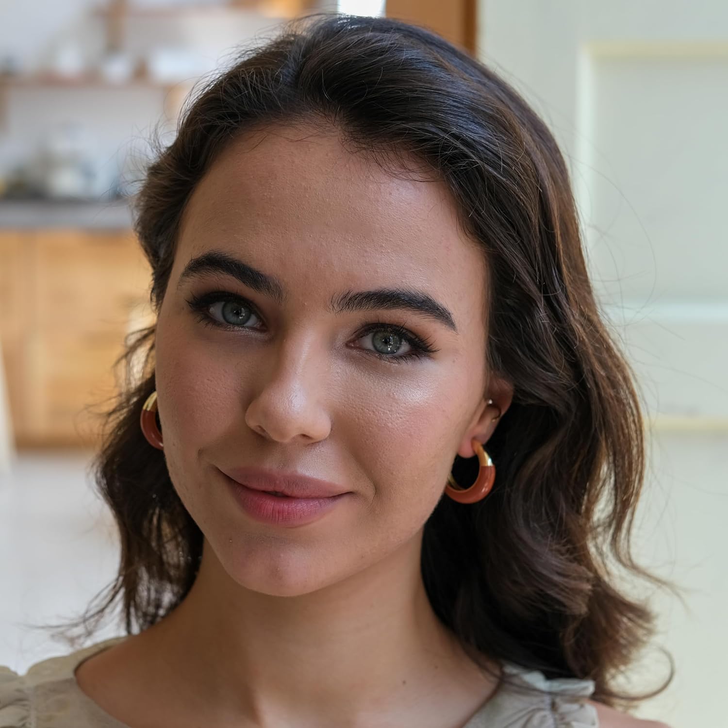 LEMON GRASS Two Tone Enamel Hoop Earrings | Burgundy & Gold Hoops, 1 1/2'' - Image 5