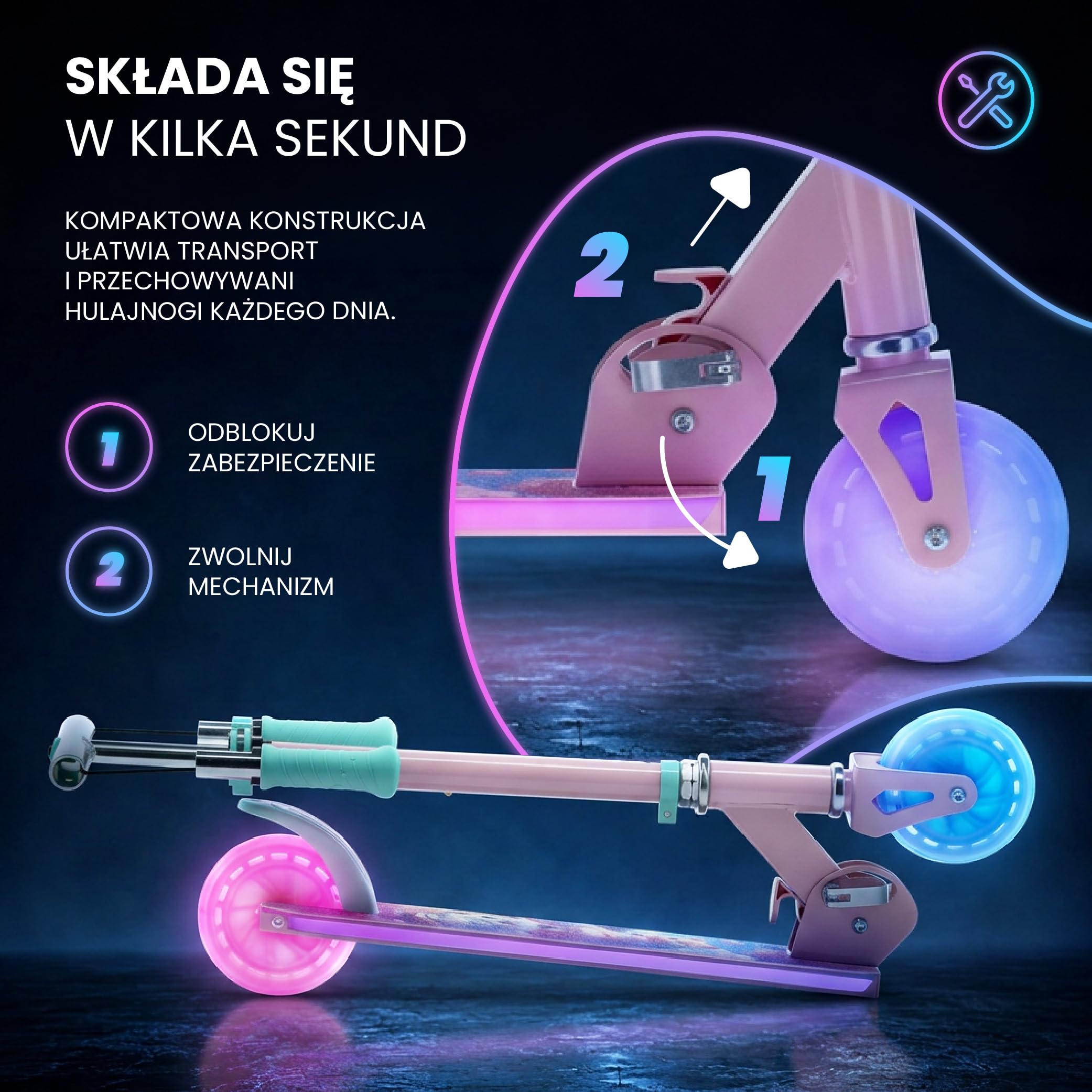 SUN BABY LUMI RIDE Hulajnoga dwukołowa dla dzieci, światła LED | od 3 lat, 7 kolorów, 20 programów, 3 poziomy regulacji kierownicy, hamulec nożny, wyjmowane rączki