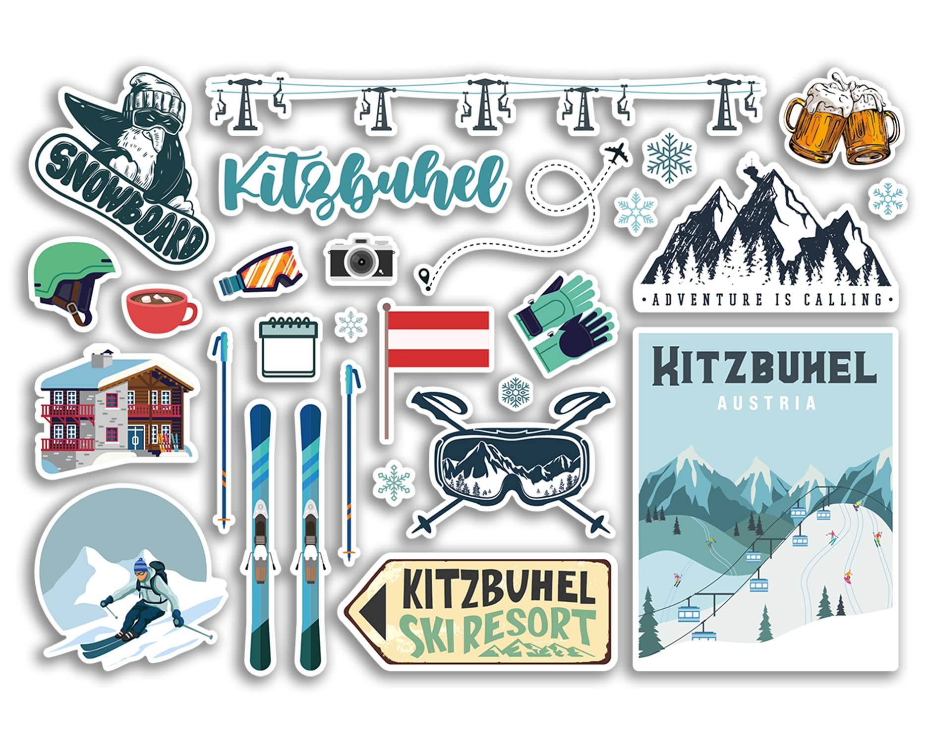 Dv Design Multi A5 Sticker Sheet Kitzbuhel Vinyl Stickers - Austria Austrian Ski Resort Mountains Snowboard Holiday Flag Travel Snow Sports Luggage Scrapbooking #79060