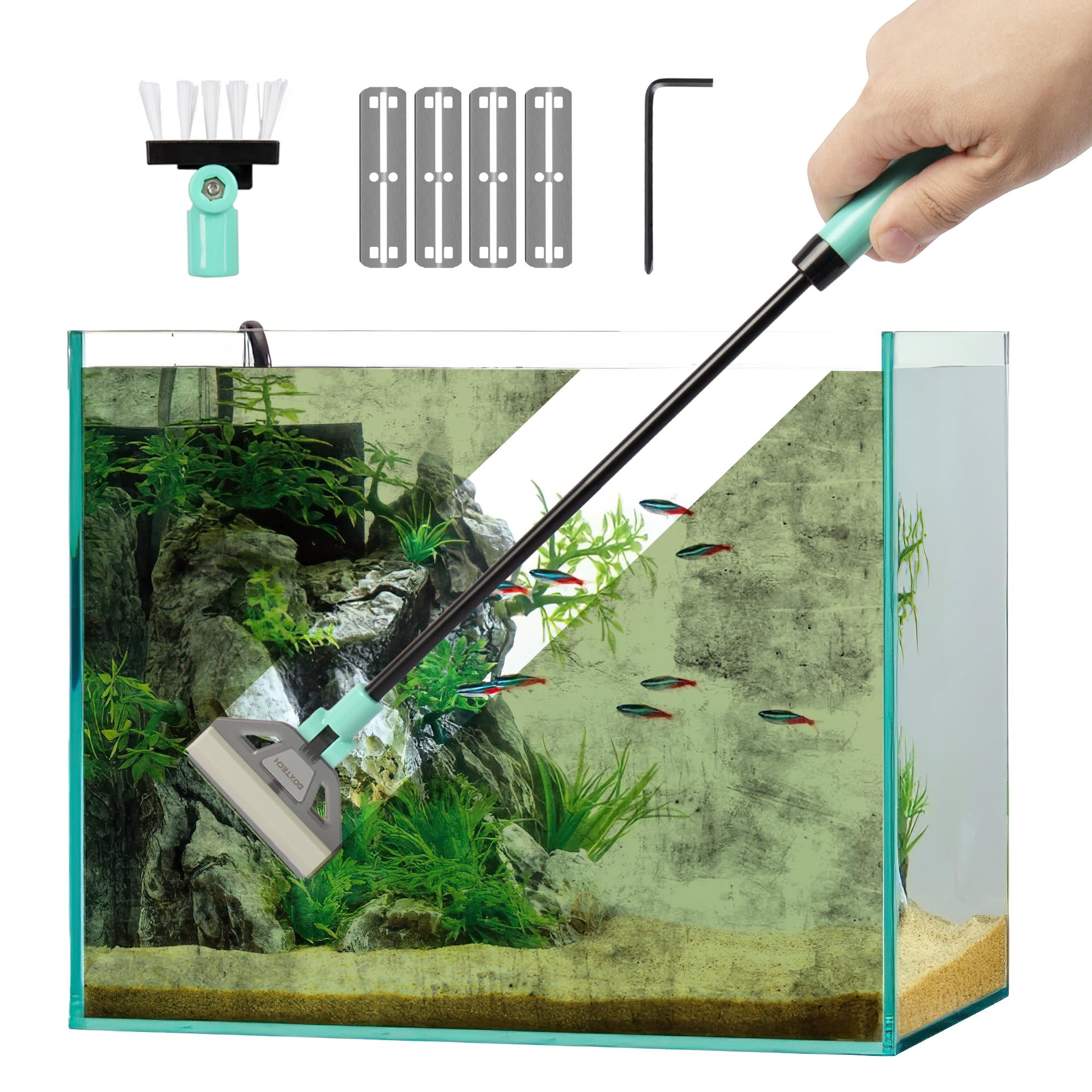 Boxtech Kit Limpiador para Peceras, 2 en 1 Raspador de Algas para Acuarios con 5 Cuchillas de Acero Inoxidable. Cabezal de Cepillo Ajustable en ángulo y Mango Extensible para Limpieza Profunda.