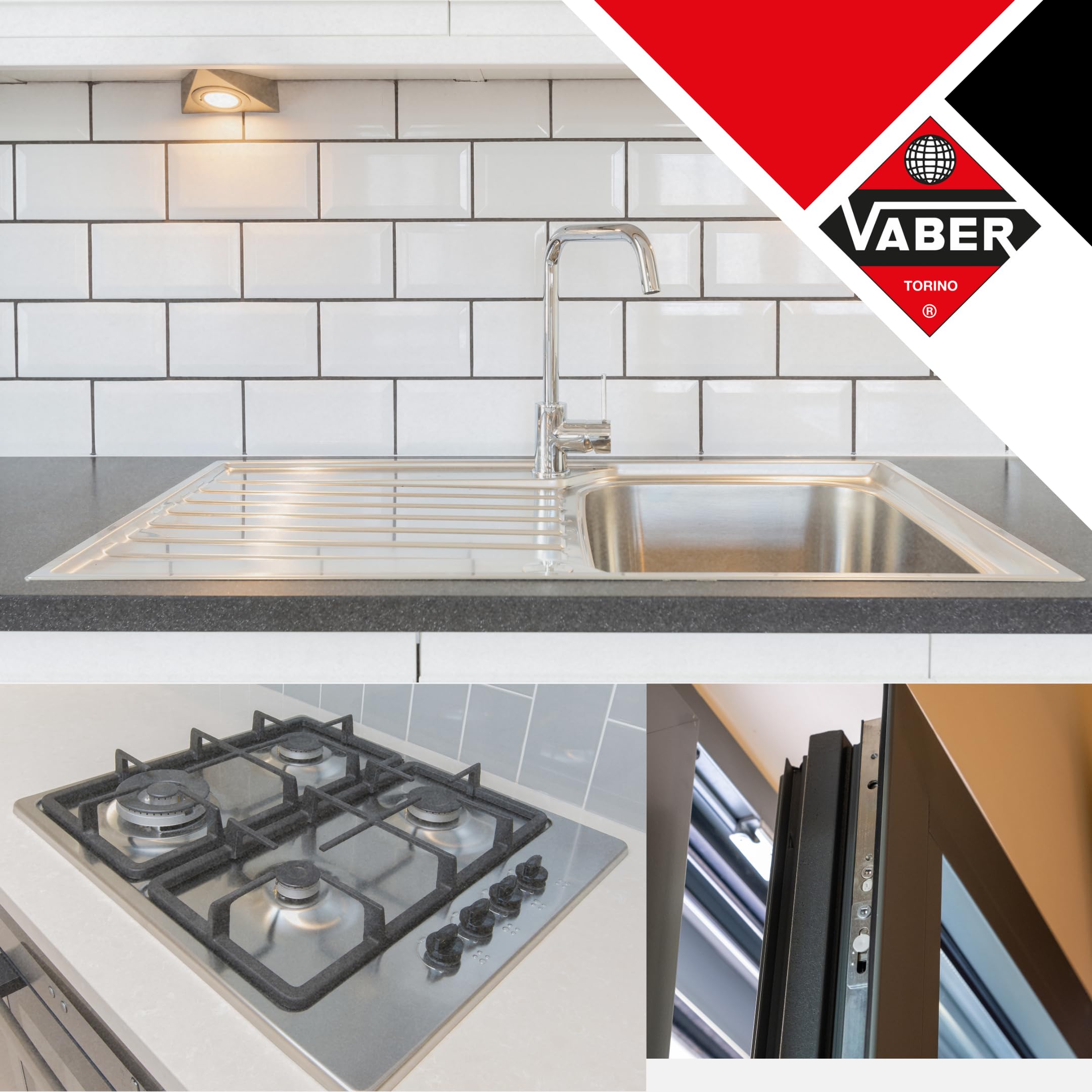 VABER 240 NF - Mastice per Cucina 6 Strisce 50cm; Sigilla Piani Cottura, Lavelli e Infissi per Sigillatura Resistente all’acqua - Adesione Universale: Fissa Metalli, Plastica, PVC e altri materiali