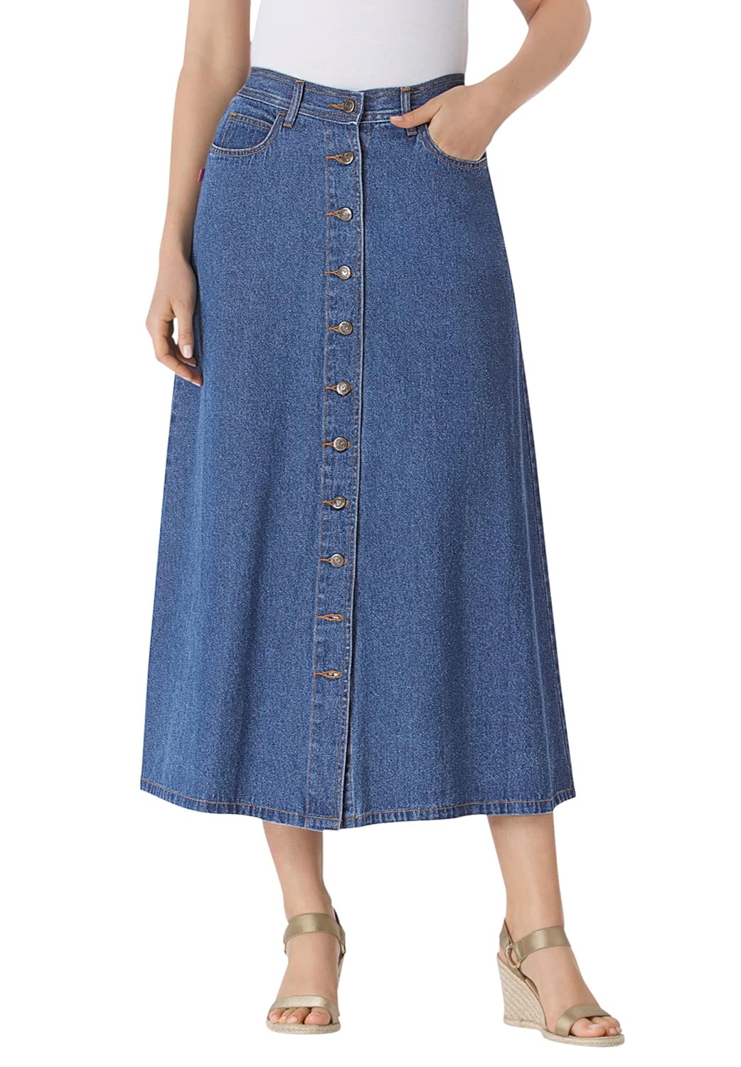 Woman Within Plus Size Perfect Side-Elastic All-Cotton Button Front Denim Jeans Skirt
