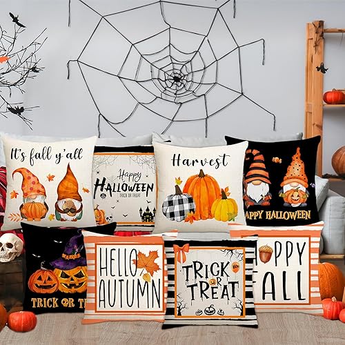 Miniatura 7 de RGQSUN Juego de 8 fundas de almohada de arpillera de otoño de 18 x 18 pulgadas, fundas de almohada decorativas de Halloween, funda de almohada de
