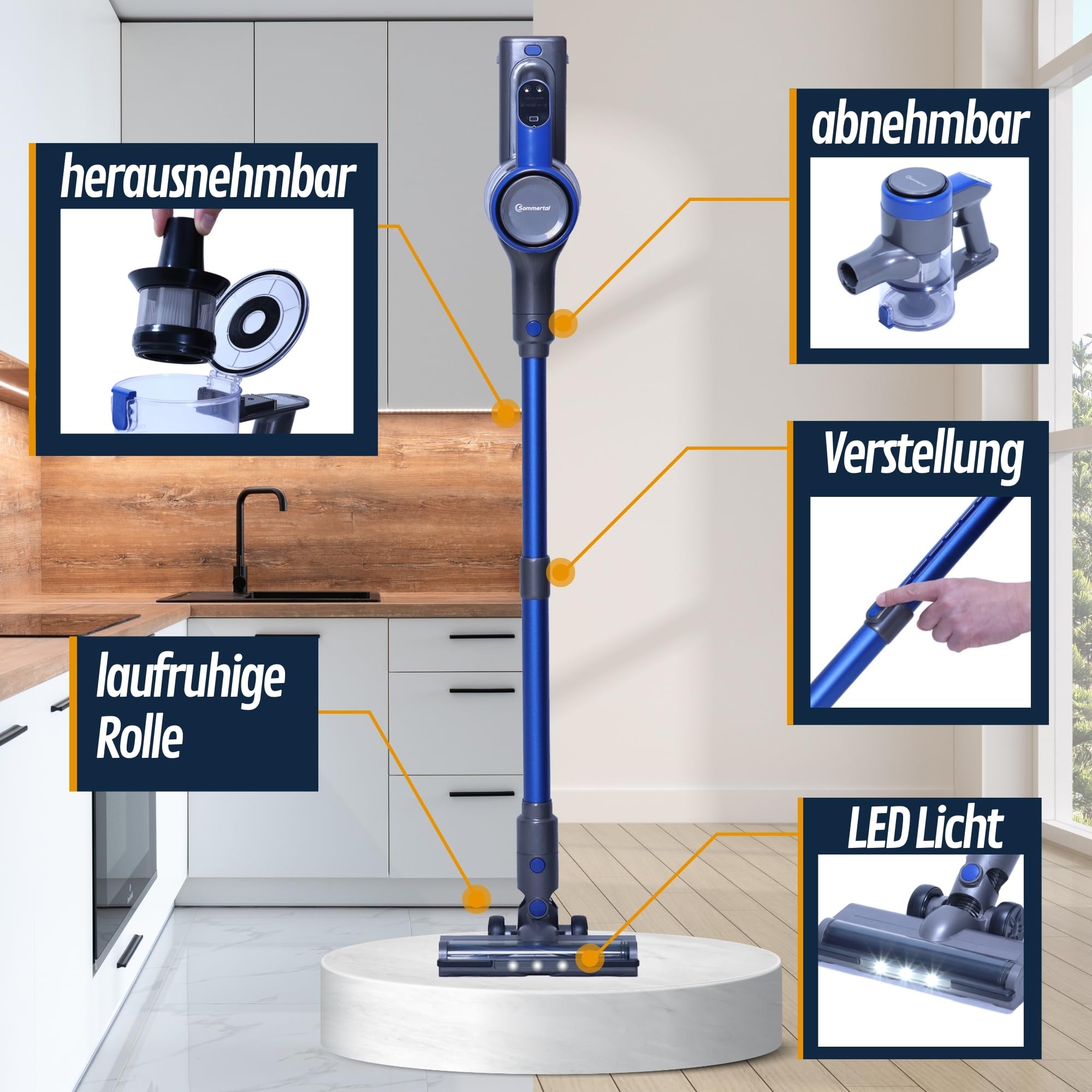 Sommertal VARIO150 Akku Staubsauger 3in1 | 45min, 300m², kabellos, leicht | Handstaubsauger & Stabsauger kabellos, 360.000L/Akkuladung, für Teppich, Hartböden, Tierhaare & Allergiker, kompakt & leise