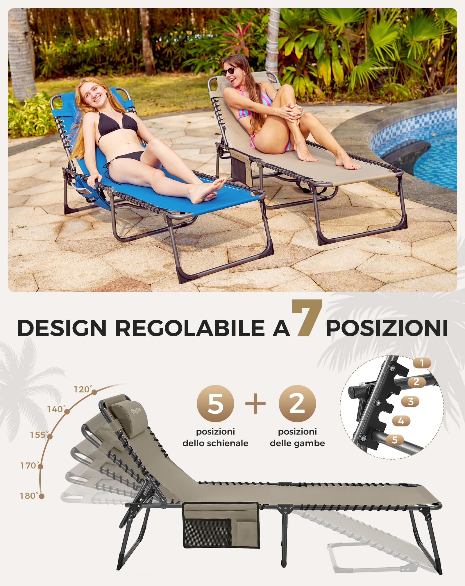 KingCamp Sedia a sdraio pieghevole con schienale regolabile in 5 posizioni, sdraio da giardino, sdraio da spiaggia, campeggio, lettino pieghevole con cuscino per la spiaggia, il giardino, la terrazza