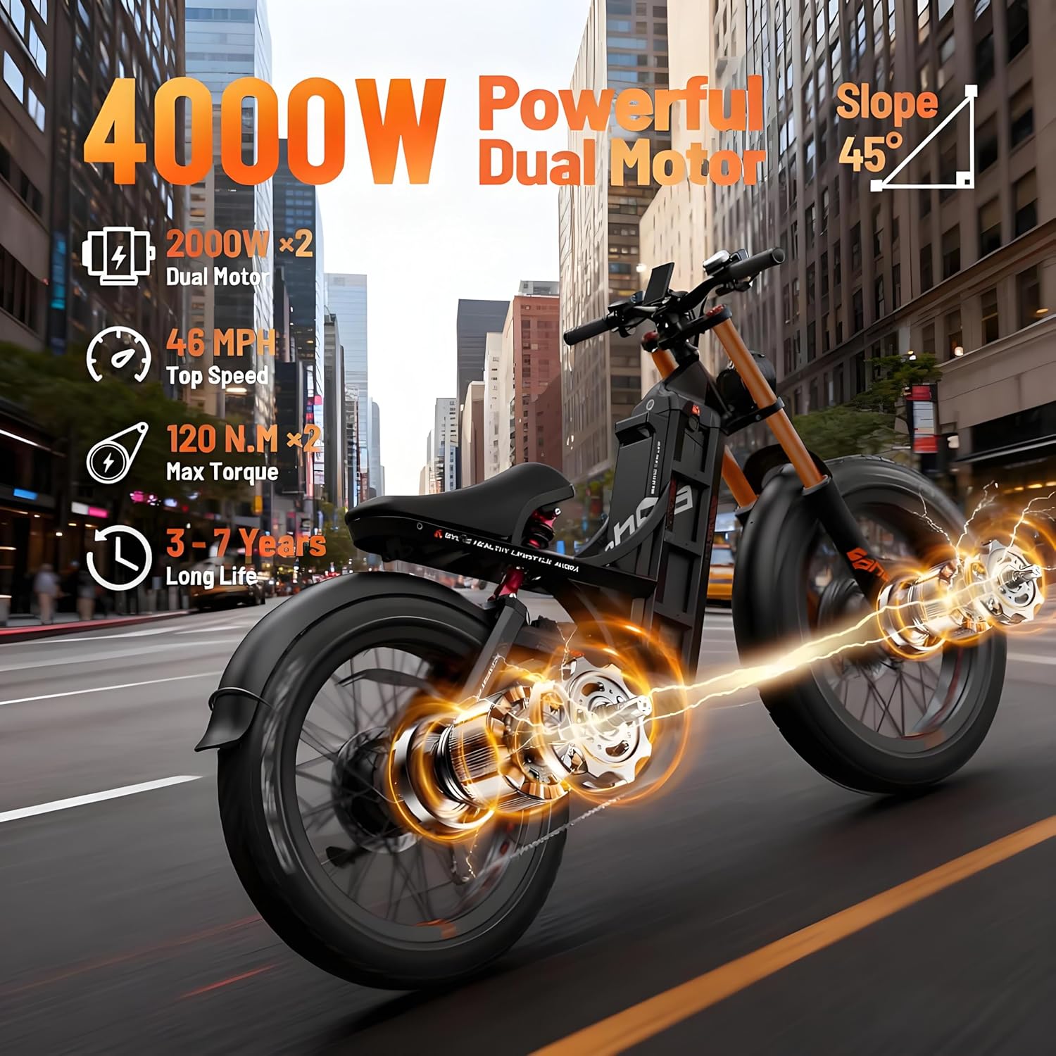 eAhora Romeo Pro 2(2026 Version) 4000W Electric Bike for Adults, 52V 70Ah Battery up to 200Miles,46Mph Dual Motors Ebike,26"*4.0 Fat Tire Full Suspension Off-Road Mountain E-Bike for Men