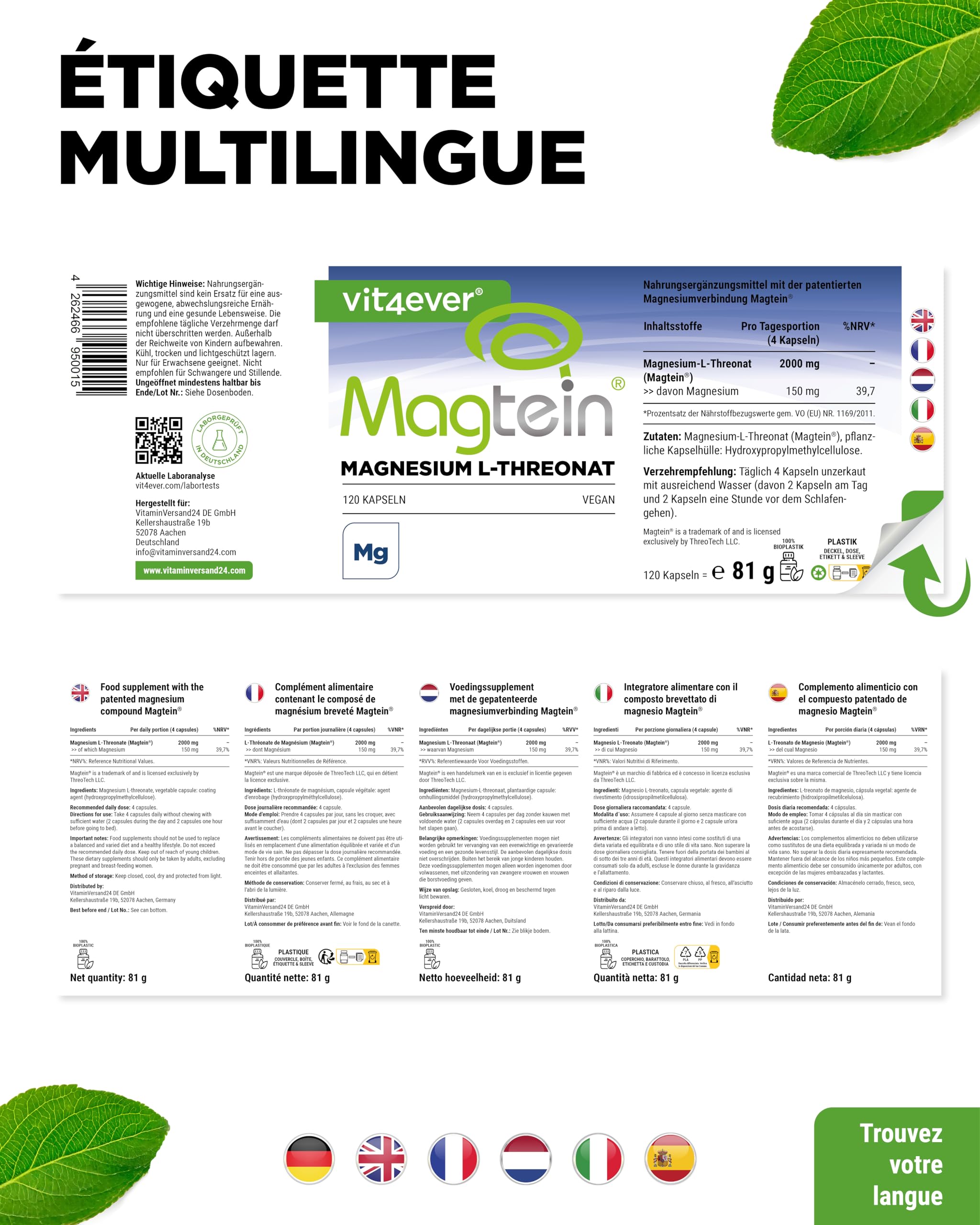 vit4ever Magtein® Magnésium L-Tréonate - 120 Gélules - Haute dose