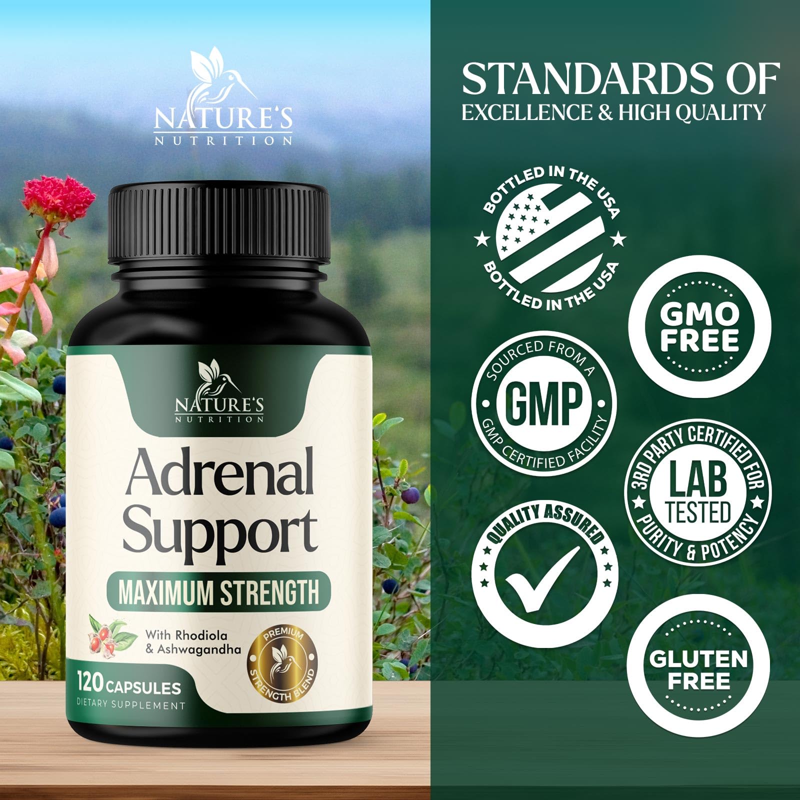 Adrenal Support Supplement - Advanced Cortex Complex Adrenal for Energy, Fatigue, Calm, Relaxation and Immune Support - Natural Ashwagandha Rhodiola & Holy Basil, Bottled in USA - 120 Capsules — Amazon image 4